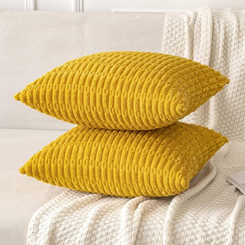 MIULEE Corduroy Throw Pillow Covers - Soft Boho Striped Design, 18x18 Inch, Mustard Yellow | Modern Farmhouse Decor