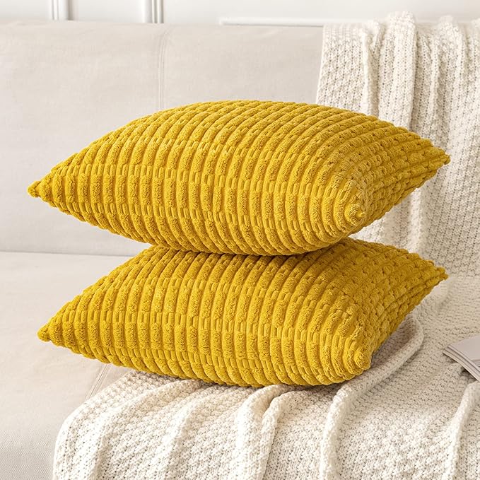 MIULEE Pack of 2 Corduroy Decorative Throw Pillow Covers 18x18 Inch Soft Boho Striped Pillow Covers Modern Farmhouse Home Decor for Summer Sofa Living Room Couch Bed Mustard Yellow