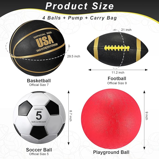 Lenwen 4 Pcs Sports Balls Set, Include Official Size Basketball Soccer Football Playground Ball Pump Equipment Bag for Teen Adult Gift Operation Christmas Ball Gifts