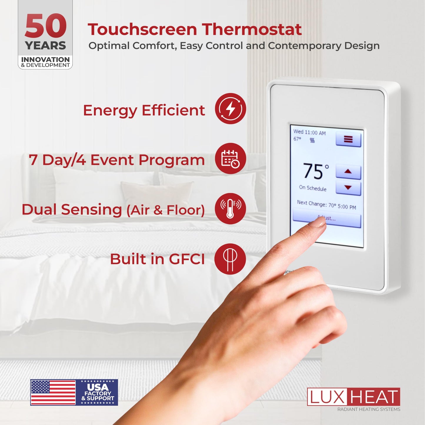 LuxHeat 40sqft Floor Heating Mat Kit - 120v Under Floor Heating System - Complete Electric Radiant Heated Flooring System Includes Alarm, UDG4 Programmable Thermostat w/GFCI & Flooring Sensor