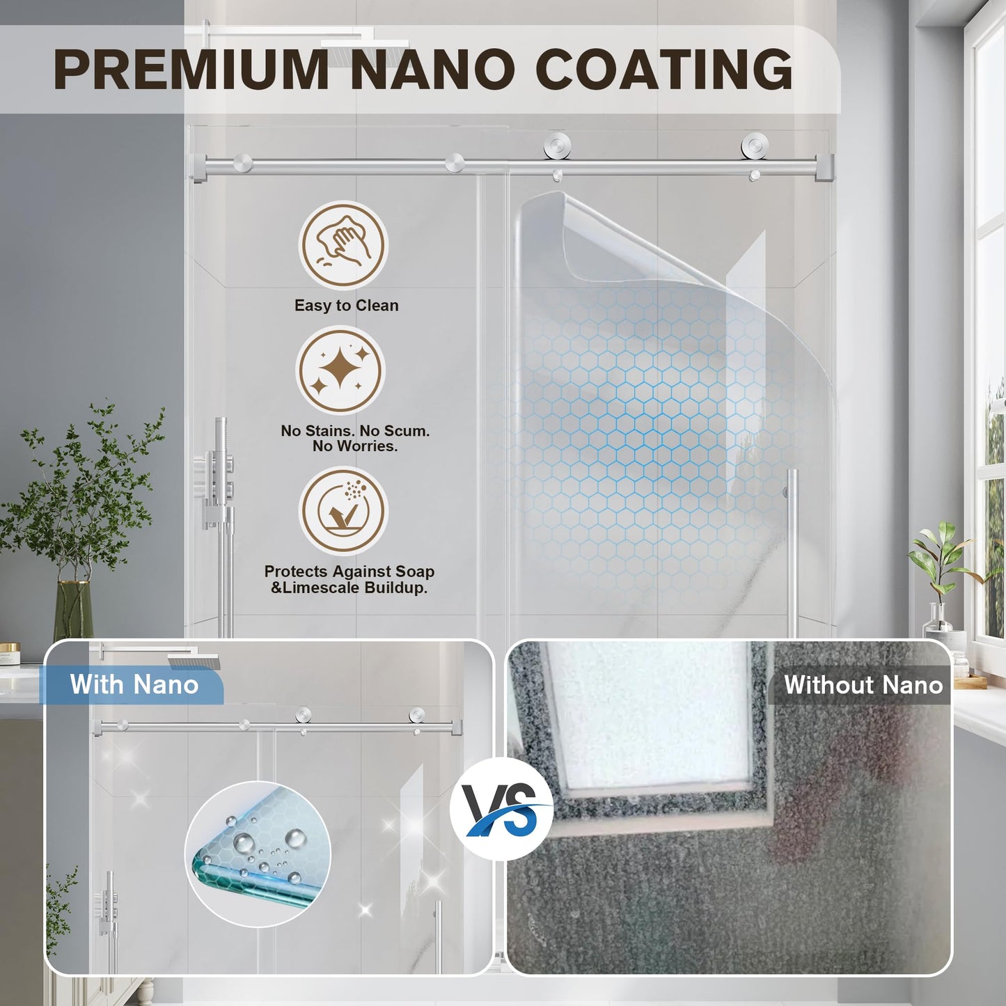 EASYWORC Frameless Glass Shower Door, 43-48" W x 76" H Sliding Frameless Shower Door, 1/4''(6mm) SGCC Tempered Glass, Explosion-Proof Film Nano Coating, Stainless Steel Hardware, Brushed Nickel