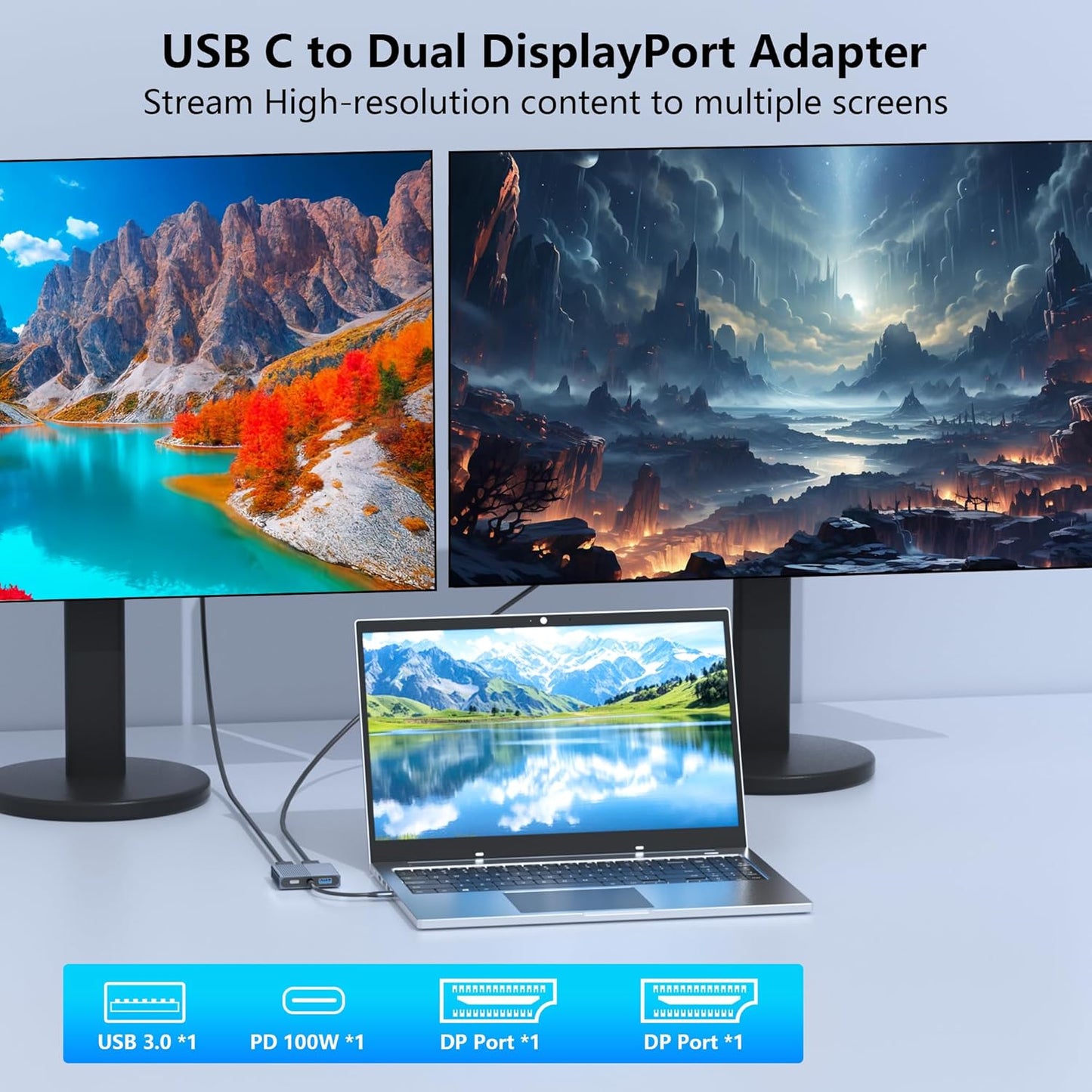Aibilangose 4K@60Hz USB3.0/PD, Display Port Splitter for Dual Monitors, USB C to Dual DisplayPort Adapter