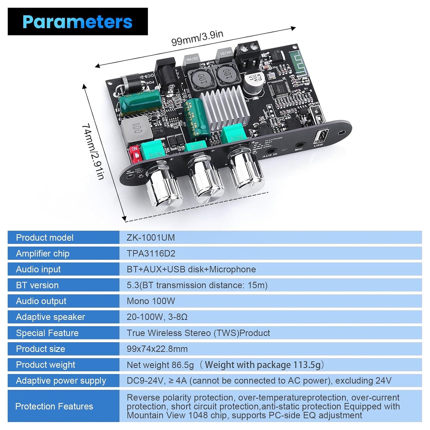Beffkkip ZK-10001UM 5.3 100W (9-24V Bluetooth Amplifier Board, Mono Class D Power Amp with TWS Pairing, USB/AUX Input