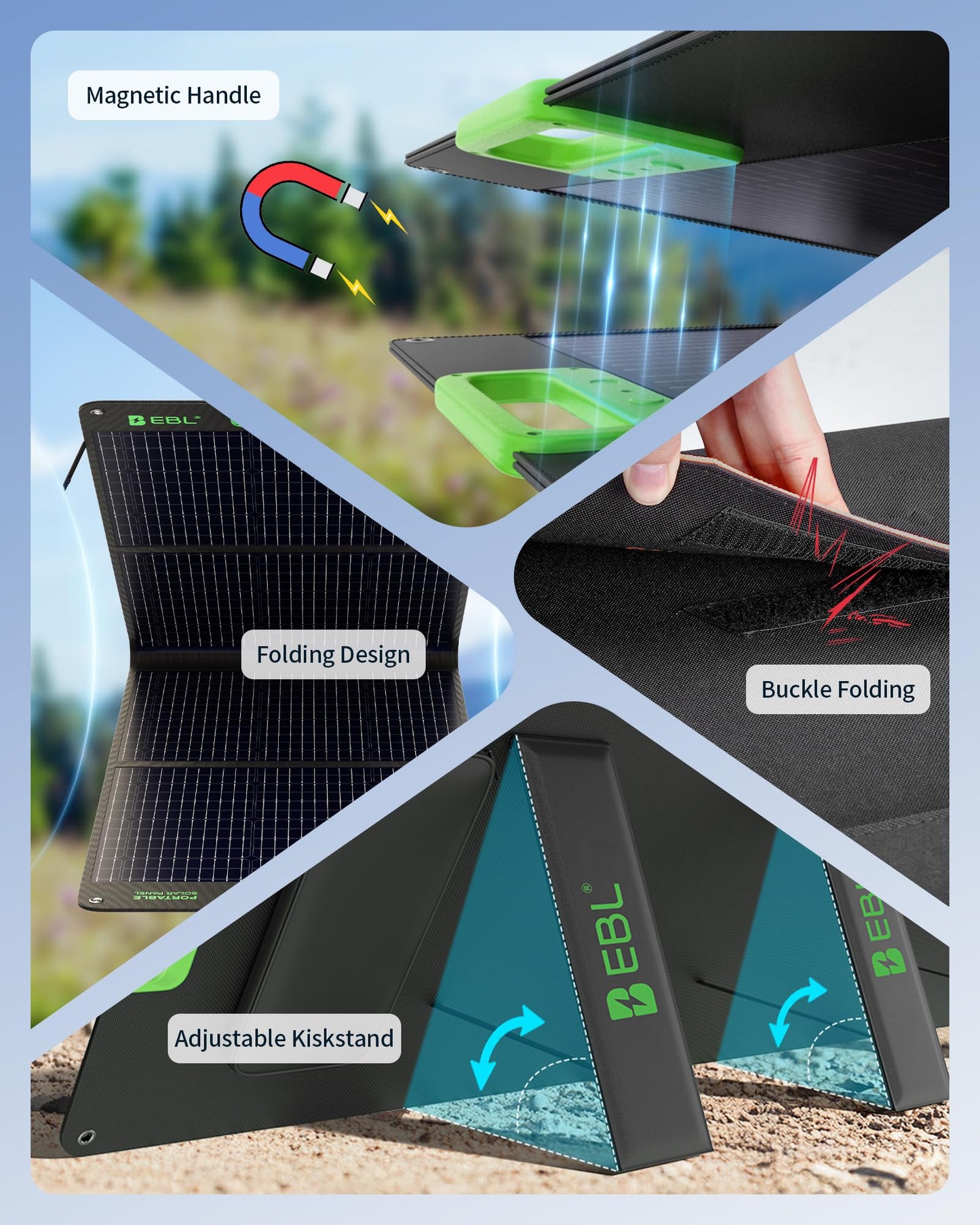 EBL Solar Panel 100W Portable Solar Panel (Upgraded) for 240/300/500/1000/1500/2000 Power Station, with Adjustable Kickstand and Parallel Cable, Waterproof IP65 for Outdoor Camping Hiking RV Trip