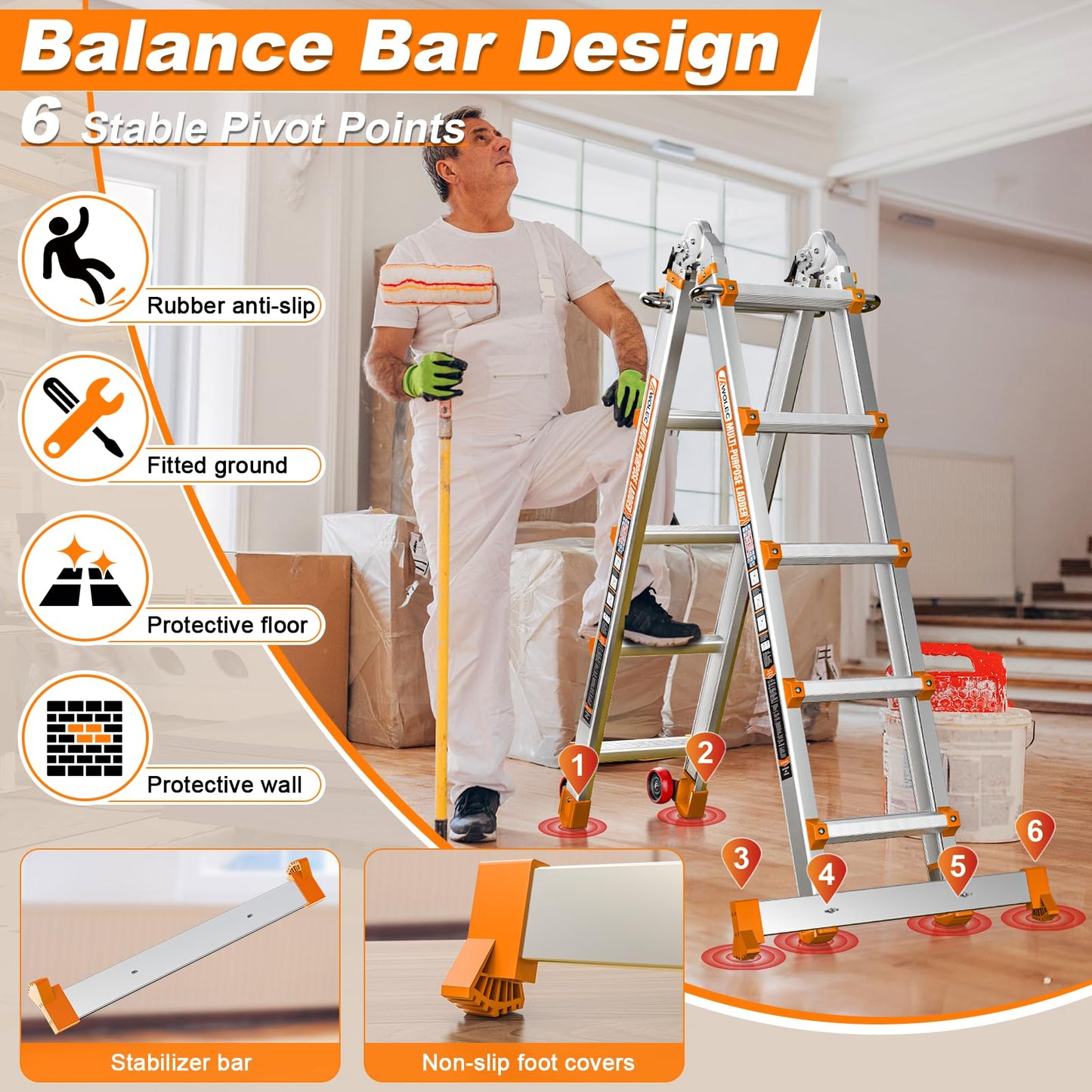 Wolec 17FT A Frame Extension Ladder, Aluminum Alloy 5-Step Ladder with Stabilizer Bar & Rolling Wheels, 330 LBS Heavy Duty, Multi-Use Ladder for Stairs Home Roof Indoor Outdoor Projects (Orange)