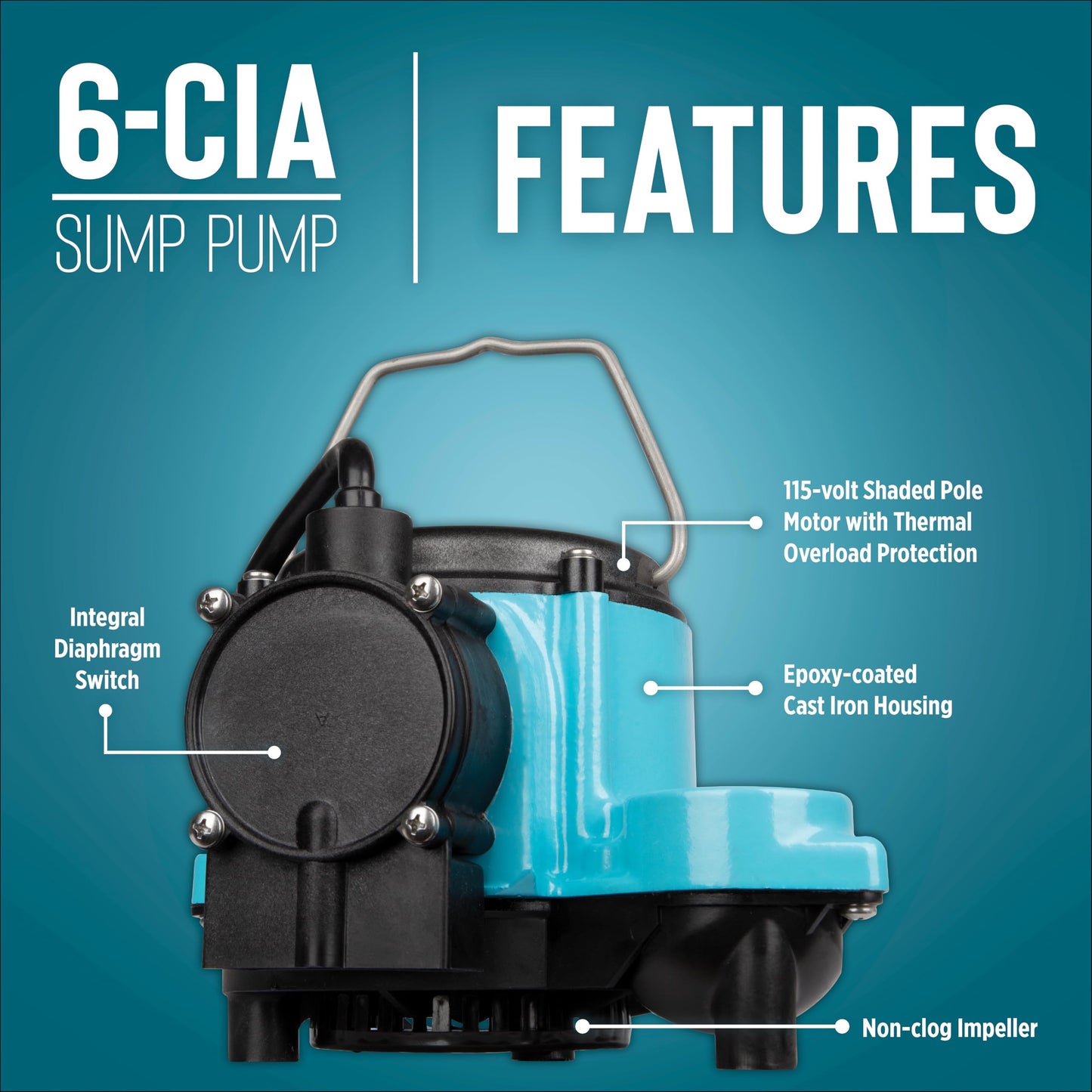 Little Giant 6-CIA-ML 115 Volt, 1/3 HP, 2760 GPH Cast Iron Replacement Compact Submersible Pump for Under Sink and Laundry Tray Systems with Integral Low Level Diaphragm Switch, Blue, 506160
