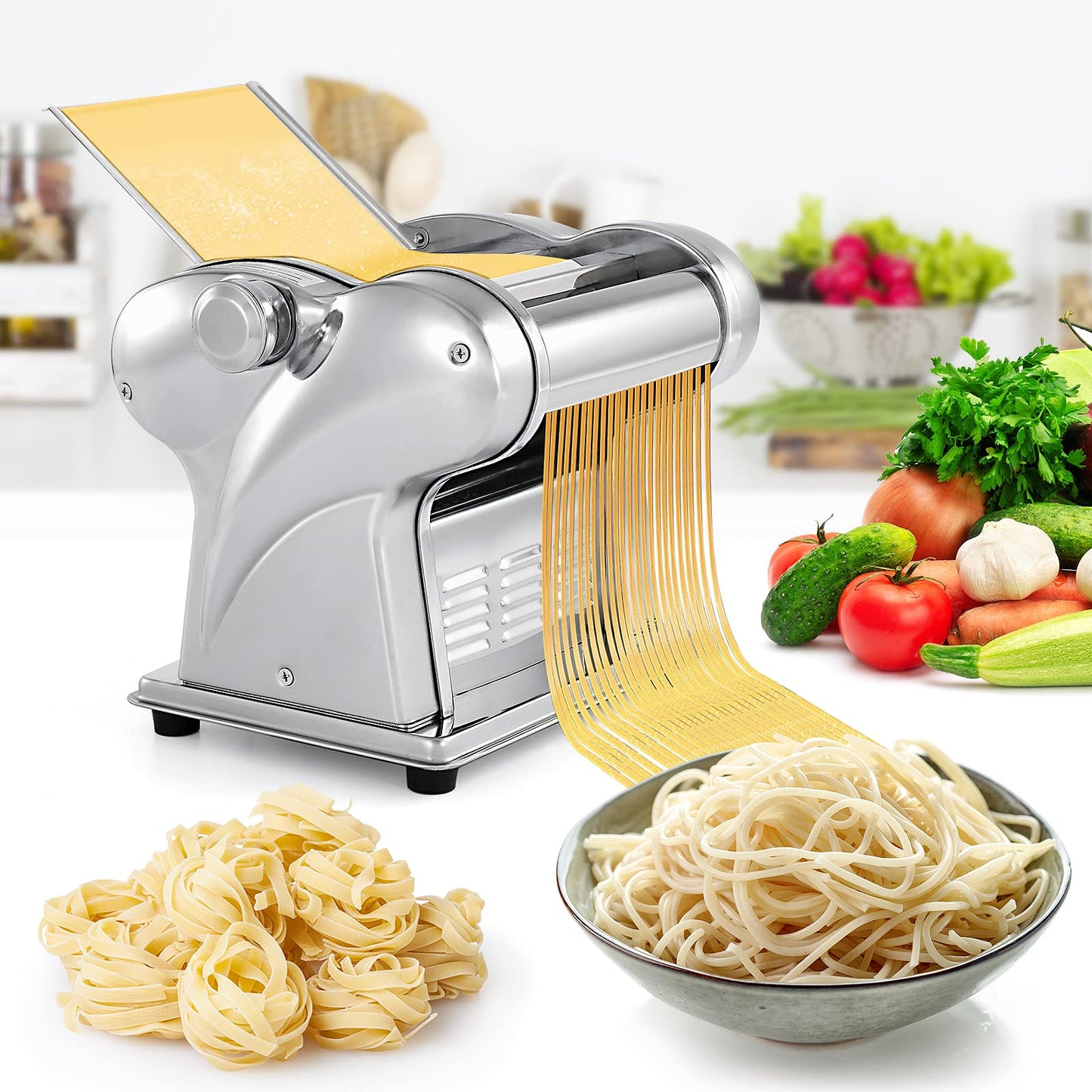 WICHEMI Electric Pasta Maker Machine Pasta Dough Spaghetti Roller Noodle Pressing Machine Stainless Steel 135W for Home Family Use (1.5mm flat noodle+4mm flat noodle)