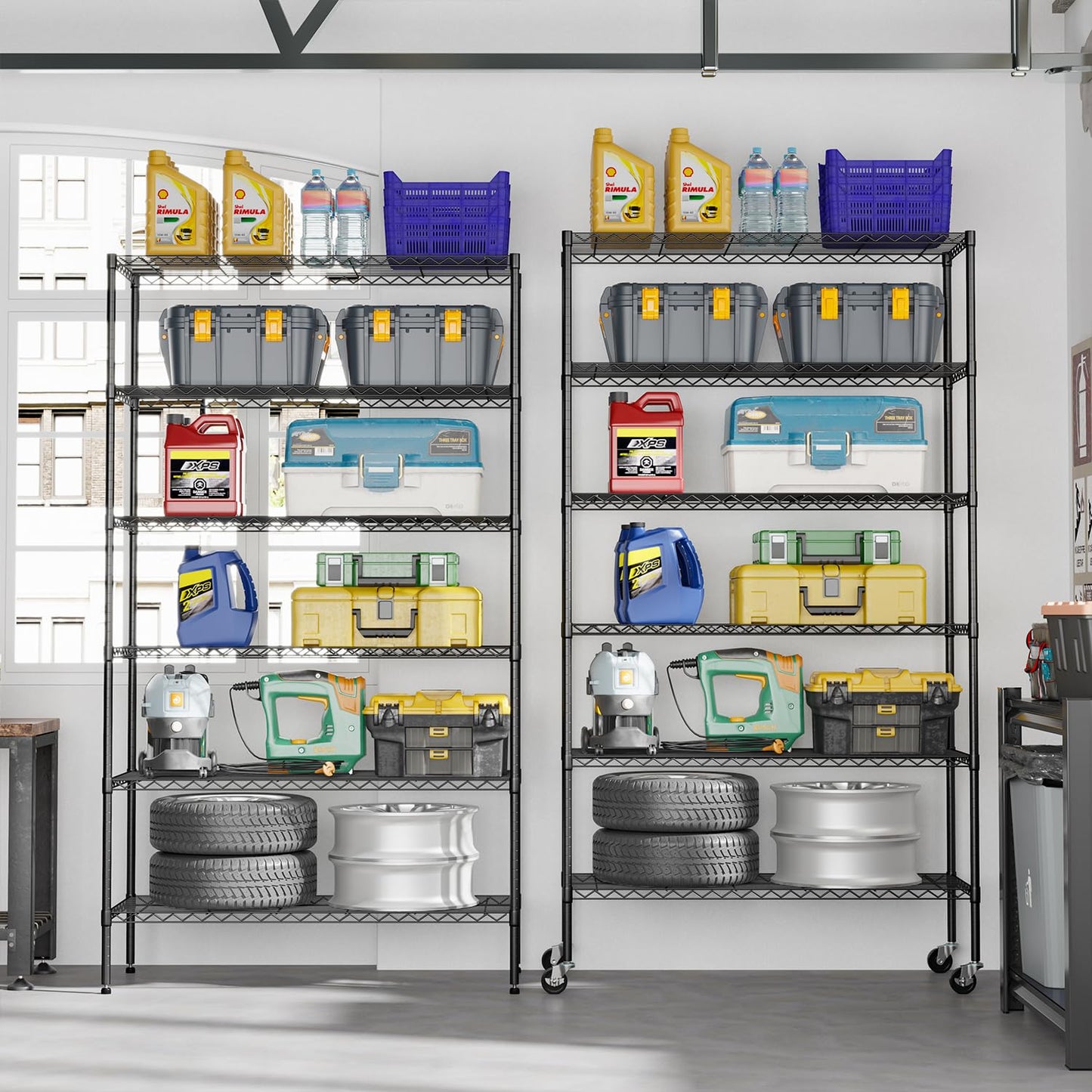 FDW | 6-Tier Wire Storage Shelves with Wheels | 45"x18"x82" | Black | Adjustable Racks | Heavy-Duty Metal Shelf, Holds Upto 2100 lbs | Tool-Free Assembly, Rust-Resistant | for Home & Garage Shelving
