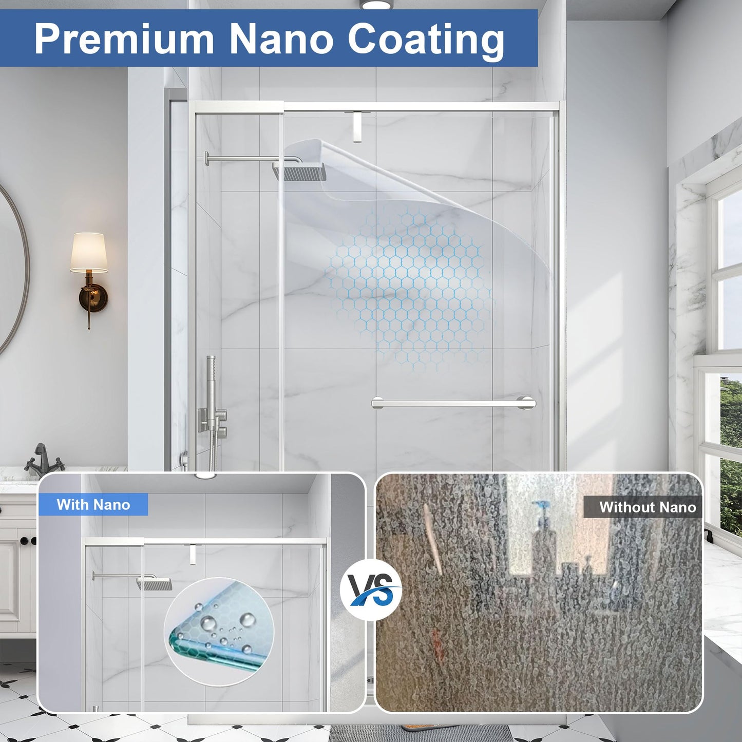 EASYWORC Semi Frameless Pivot Shower Door 42-48" W x 72" H, Swing Shower Glass Doors with Nano Explosion-Proof Film Tempered Glass 1/4"(6mm) Reversible Installtion, Brushed Nickel Finish