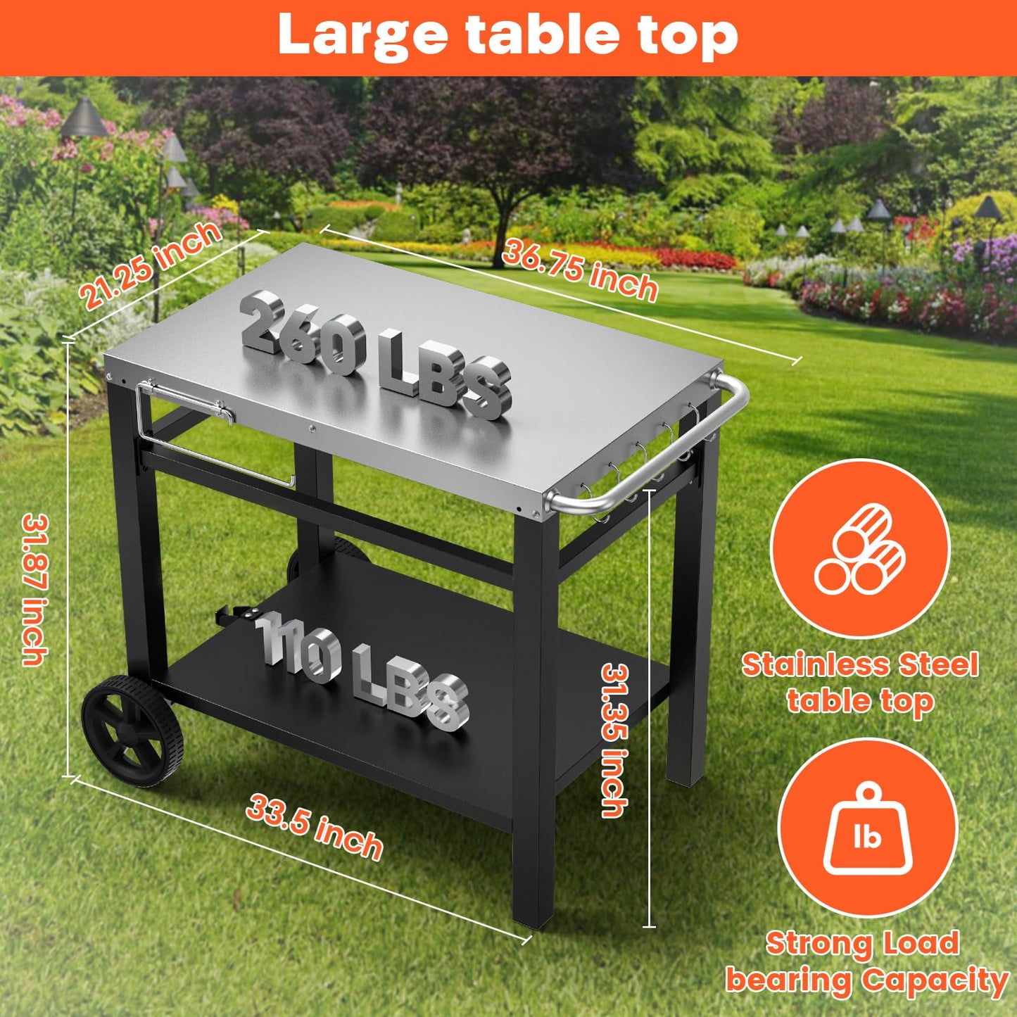 Double-Shelves Stainless Steel Flattop Grill Cart, Movable Kitchen Indoor & Outdoor Cooking Station, Fits Ninja/Ooni/Blackstone/Weber Q, Pizza Oven Food Prep Table for Party, 33.5"×21"