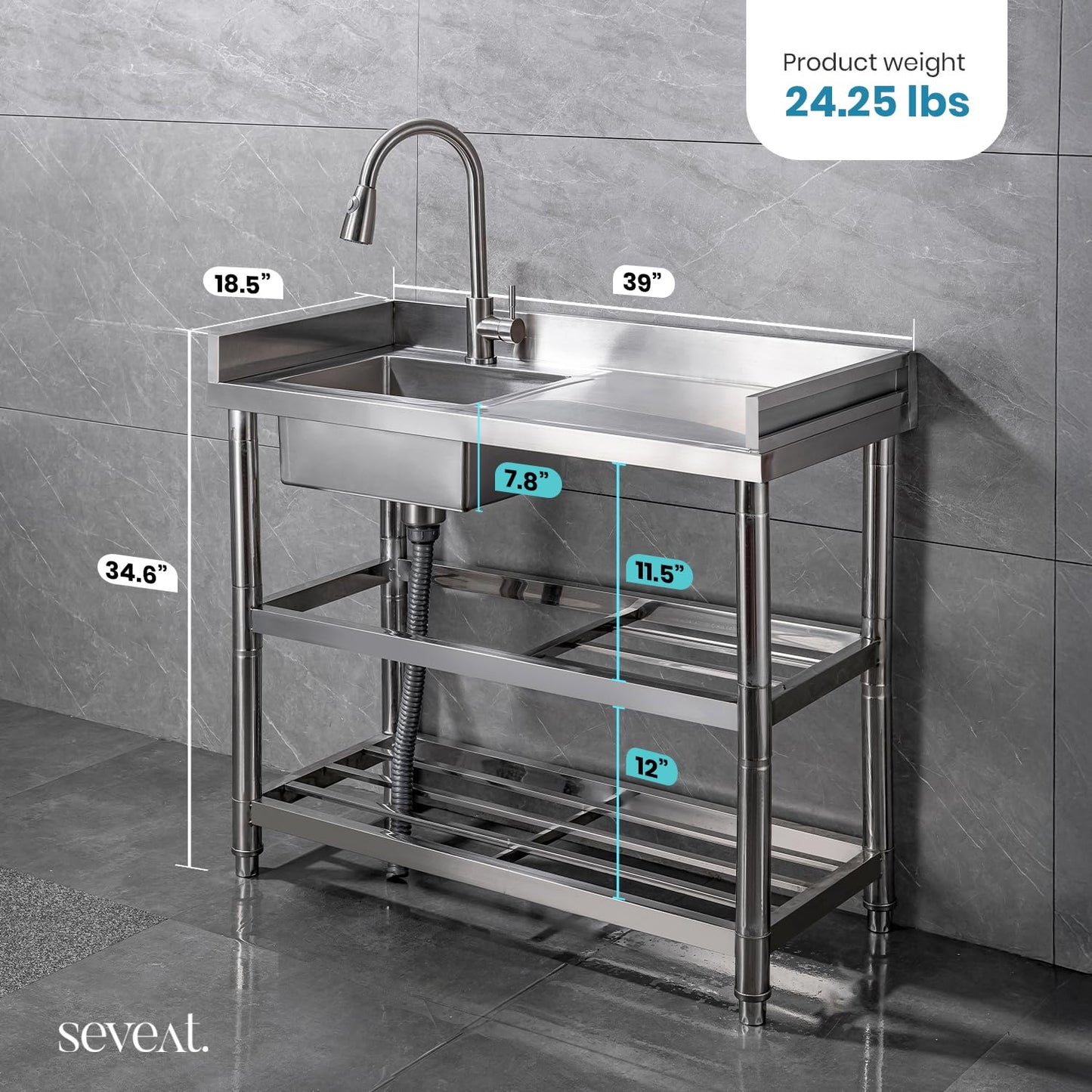 Seveat Freestanding Stainless Steel Utility Sink with Pull-Out Faucet | Laundry Tub with Bottom Shelf | Heavy-Duty for Garage, Basement, Mudroom, Workshop & Outdoor Use (Silver)