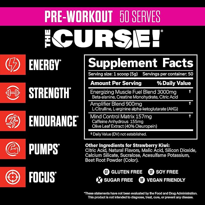 JNX SPORTS The Curse! Pre Workout Powder for Men & Women, Caffeine, Beta-Alanine, Creatine, L-Citrulline, 50 Servings, Strawberry Kiwi Flavor ??Boost Energy, Strength & Focus