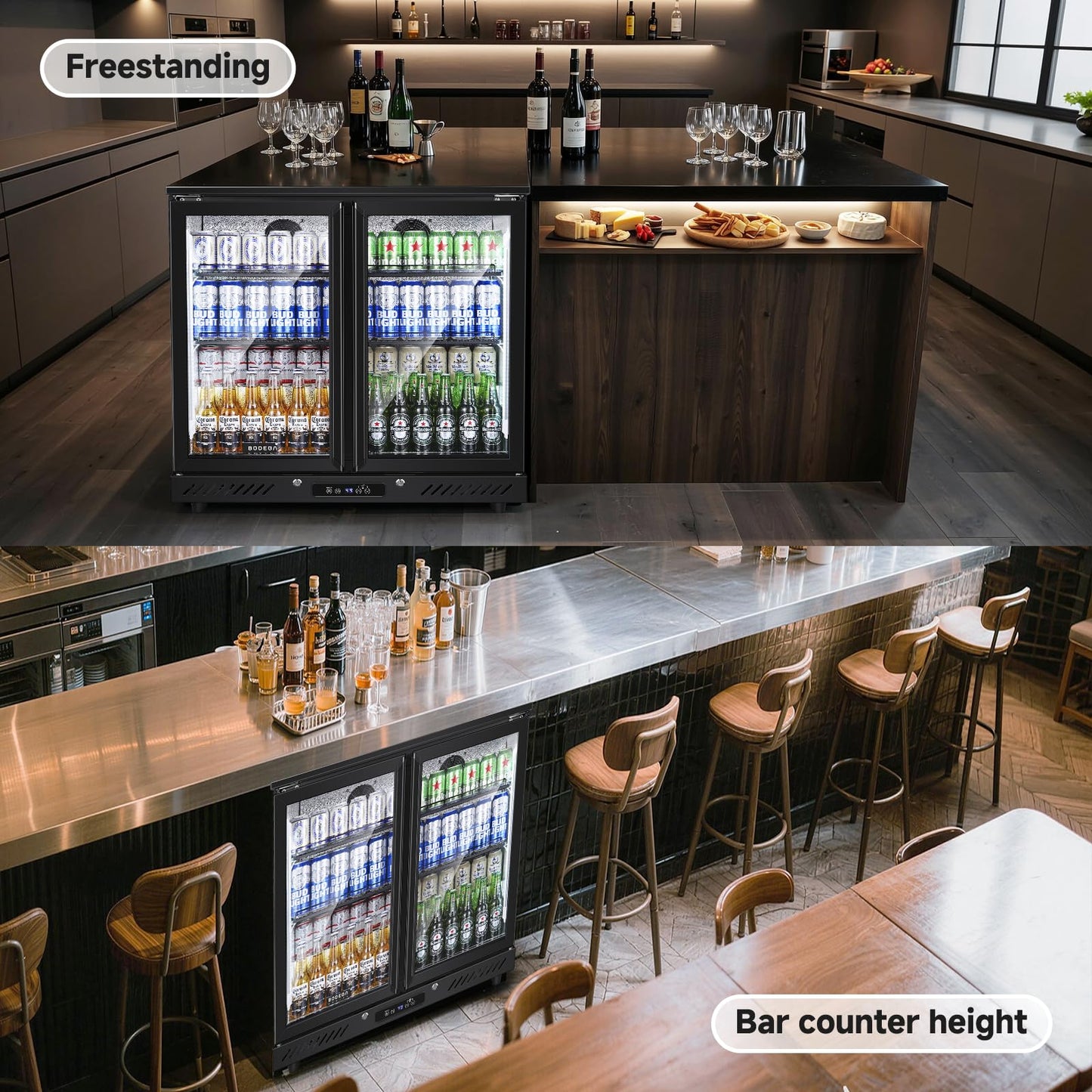 BODEGACOOLER 2 Door Back Bar Cooler, 7.4 Cu.Ft Commercial Beverage Refrigerator, Under Counter Drink Fridge with Glass Doors, Holds 209 Cans/117 Bottles, LED Lighting, Stainless Steel Top & Casters
