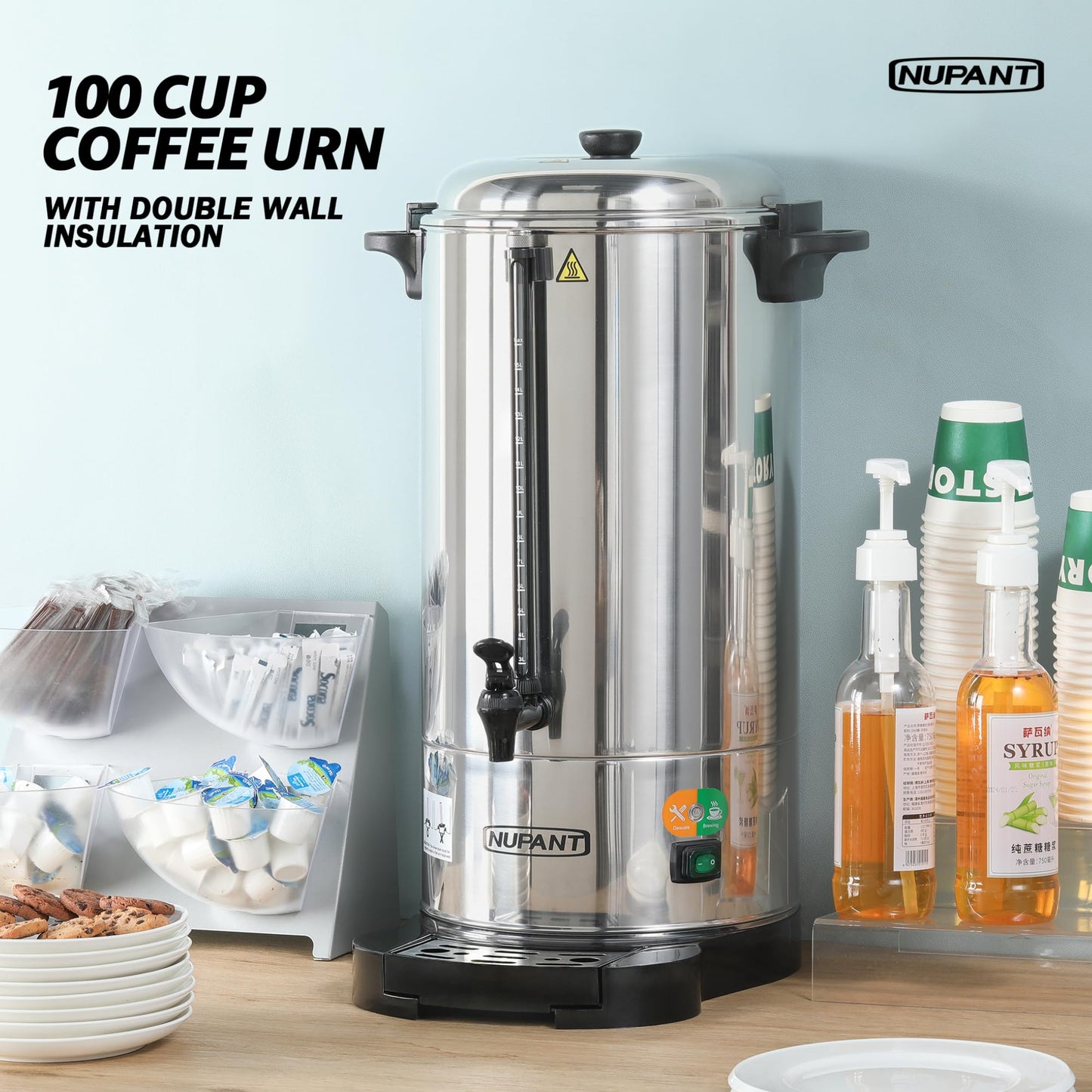 Commercial Coffee Urn 100 Cup/15L Coffee Dispenser with Upgraded Percolator, Double Wall 304 Stainless Steel Hot Water Urn Beverage Dispenser with Keep Warm Mode Large Coffee Maker for Catering Party