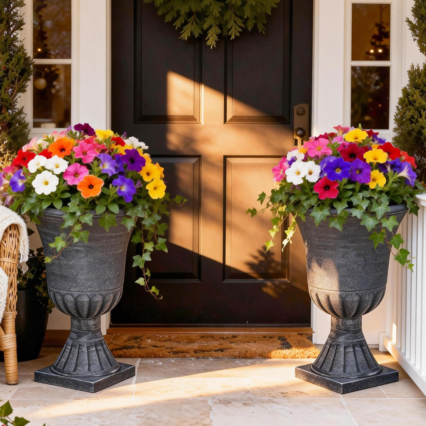 Autodaya 22" Timeless Urn Planters for Outdoor Plants, Set of 2 Plastic Large Flower Pot with Handmade Washed Black Finish, Weather-Resistant for Porch, Garden, Patio or Indoor Use