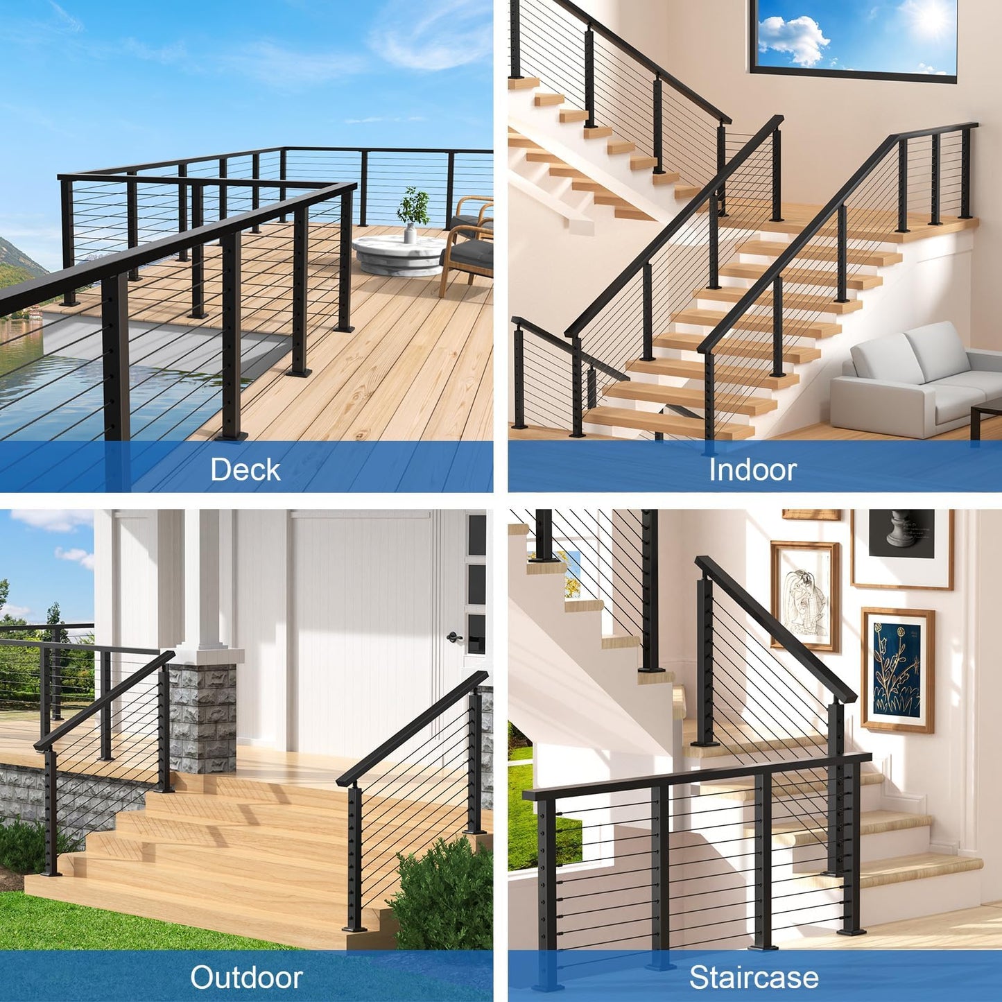CKE 15ft-20ft Complete Set 42" Cable Railing Post Kit, 4Pack Black Level Drilled Line Posts(41"x2"x2"), Swageless Deck Cable Railing System Kit, 250ft 1/8" Wire Rope(No Handrail), Black Post Kit LPS02