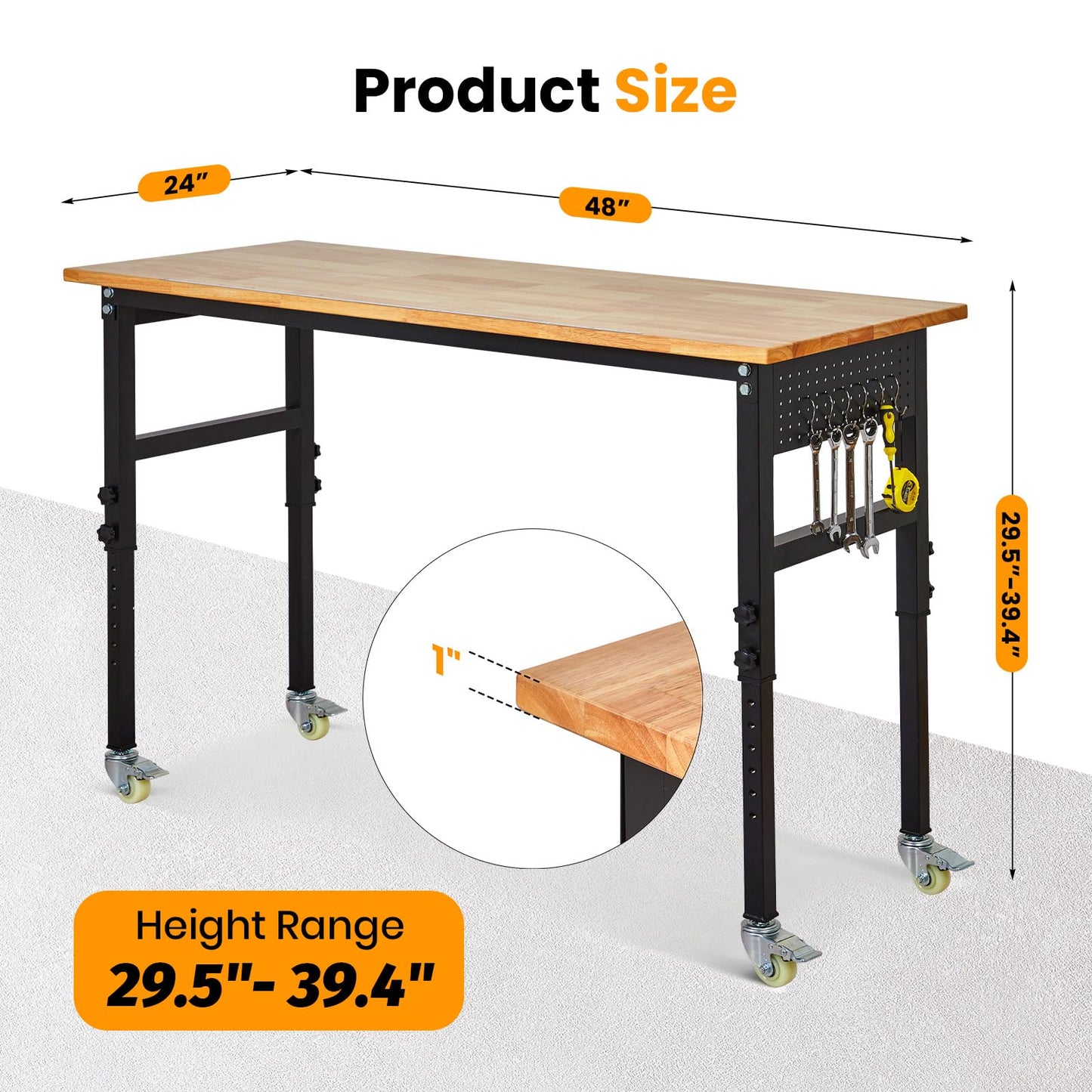 48" Adjustable Workbench, 8-Level Height Adjustable Rolling Work Table with Casters & Scale, Sit & Stand 2-in-1 Garage Tool Table with Pegboard & Hooks, for Workshop, Warehouse, DIY Projects