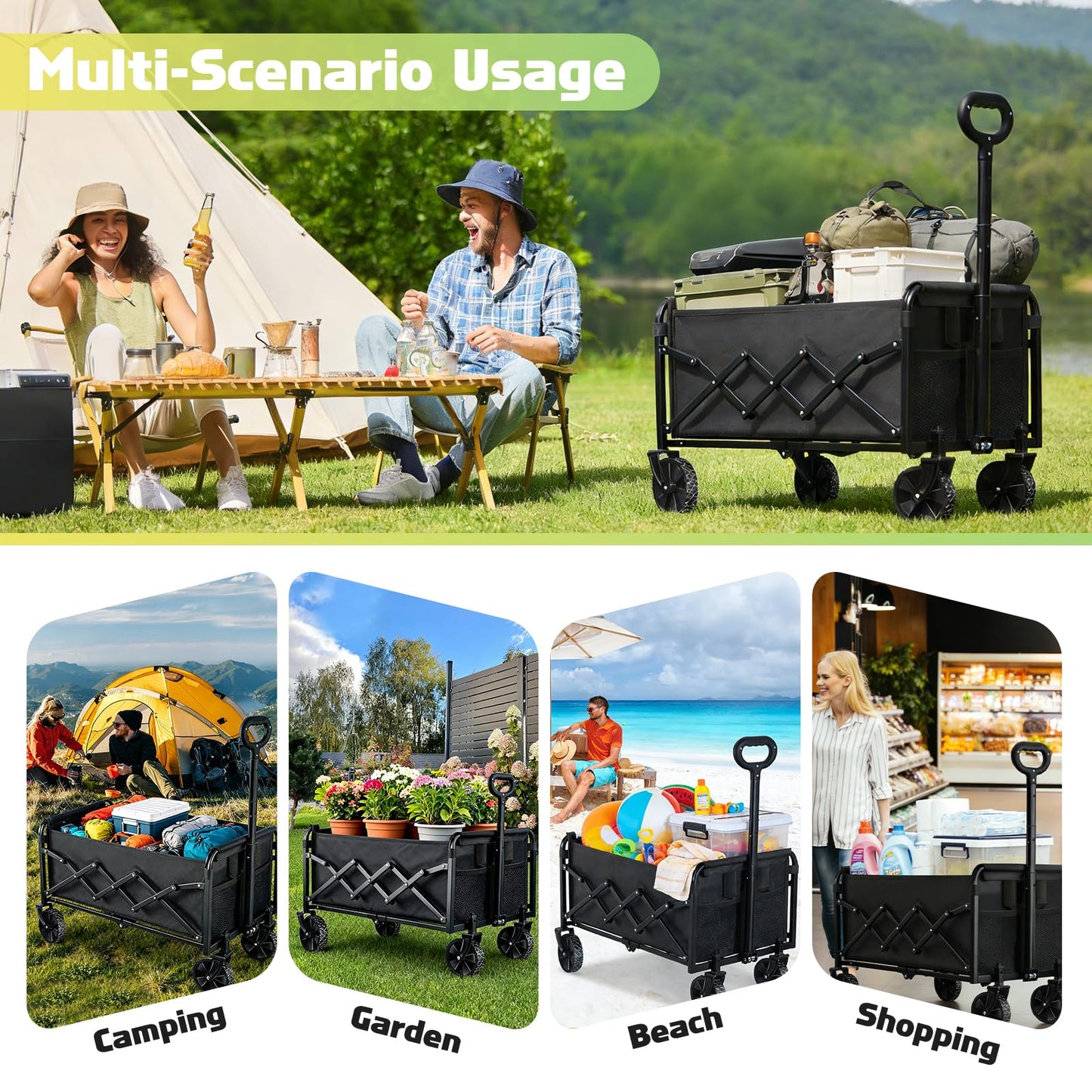 100KG Collapsible Foldable Wagon Carts - Heavy Duty Portable Folding Utility Wagons with All-Terrain Wheels for Grocery Sports Shopping Camping Garden Beach, 2 Drink Holders/Lightweight/Black