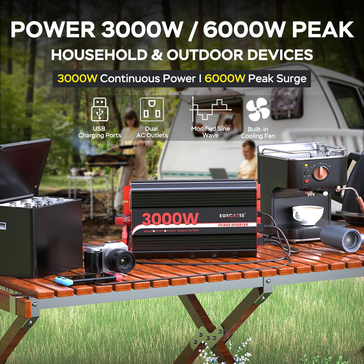 3000 Watts Power Inverter 12V DC to 110V/120V AC Converter Peak Power 6000W Car Inverter with LCD Display, 2 AC Outlets, 3.1A USB Port for RV, Camping,Truck, Boat, Off-Grid Solar System