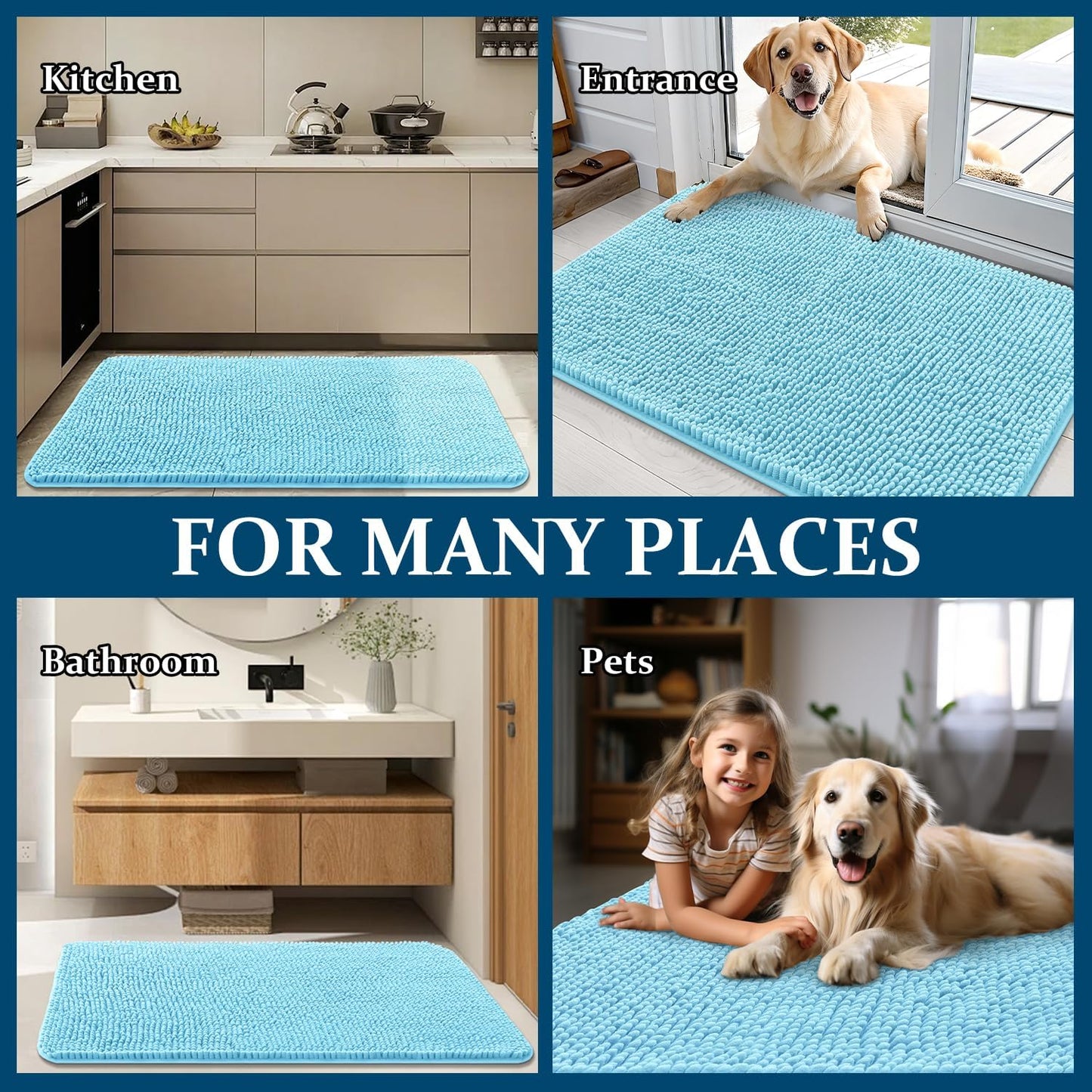 OLANLY Dog Door Mat - Absorbent Non-Slip Mud Mat for Indoor Use | Quick Dry Chenille, 32x20, Blue