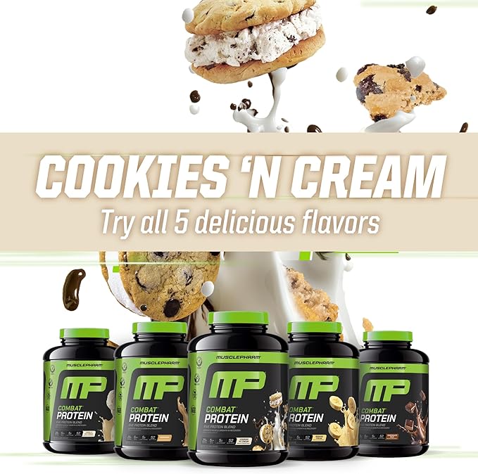 MusclePharm Combat Protein Powder, Cookies ?˜N??Cream Flavor, Fuels Muscles for Productive Workouts, 5 Protein Sources including Whey Protein Isolate & Egg Albumin, Gluten Free, 4 lb, 52 Servings