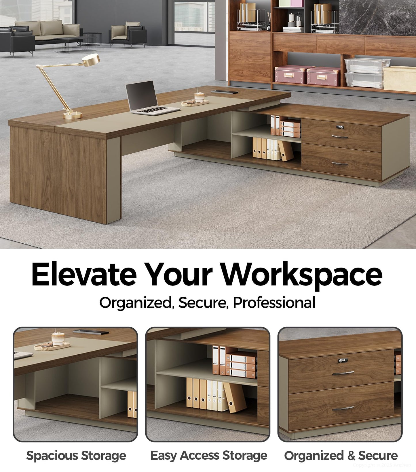 Anzhap 95" L-Shaped Executive Desk with Reversible Cabinets – Large Luxury Office Desk with Drawers, Open Storage Shelves, Built-in Power Outlets & LED Lighting for Home or Business
