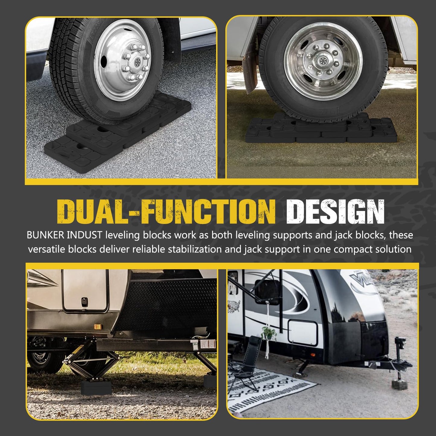 BUNKER INDUST RV Leveling Blocks/Stackable Jack Blocks, Interlocking Leveling Pads Wheels Stabilizer Blocks with Bag for Camper Trailer RVs, 10 Pack, Black