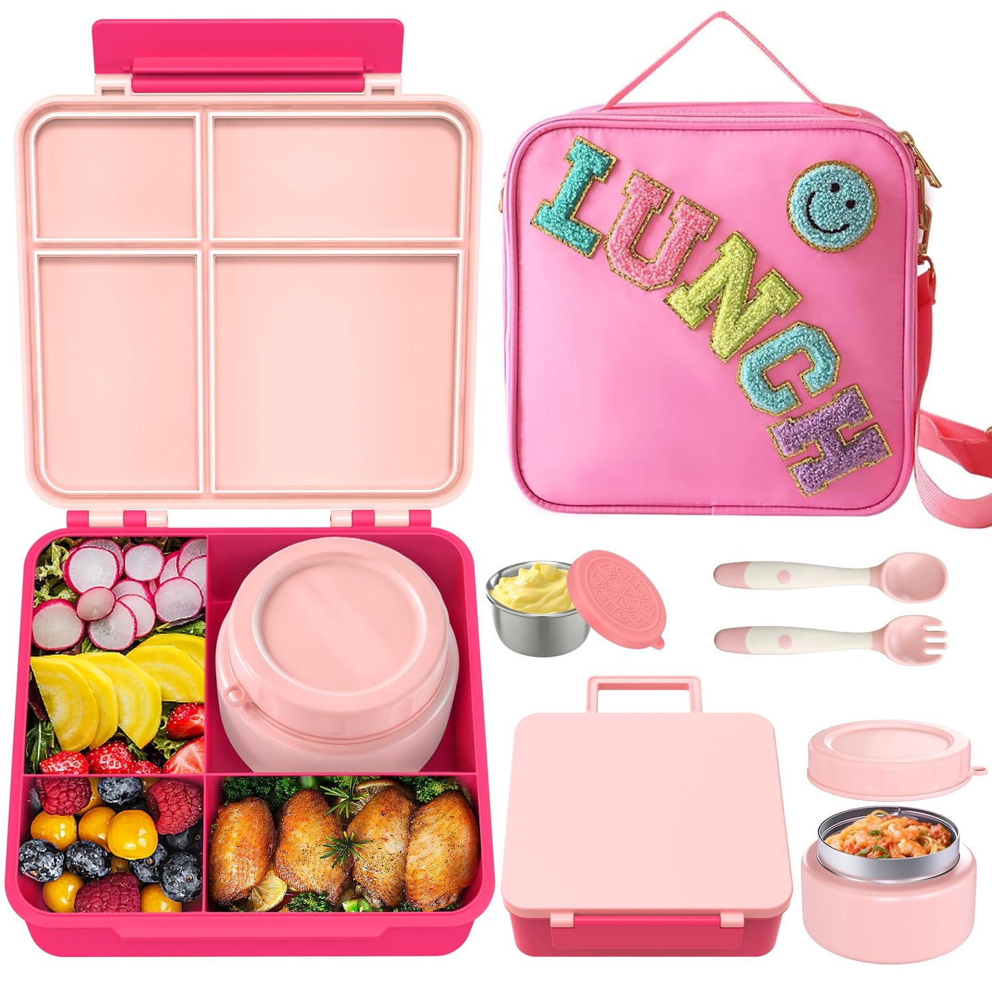 Aimsnk Kids Bento Lunch Box with 8oz Soup Thermo, Kids Leakproof Lunch Food Containers with 4 Compartment,Insulated Hot Food Jar with Lunch Bag for School, Travel (Pink)