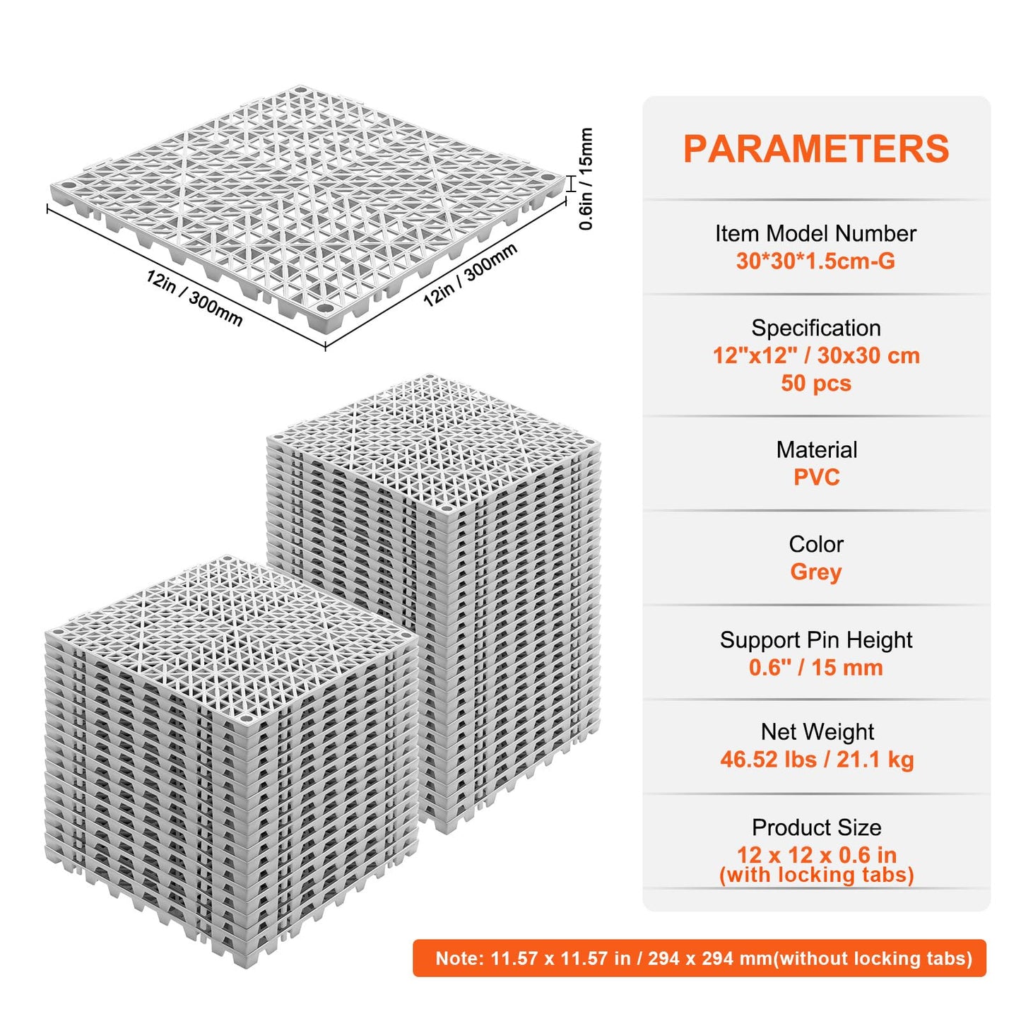 Happybuy Tiles Interlocking 50 PCS Gray, Drainage 12x12x0.6 Inches, Outdoor Floor Tiles, Outdoor Interlocking Tiles, Deck Flooring for Pool Shower Bathroom Patio Garage
