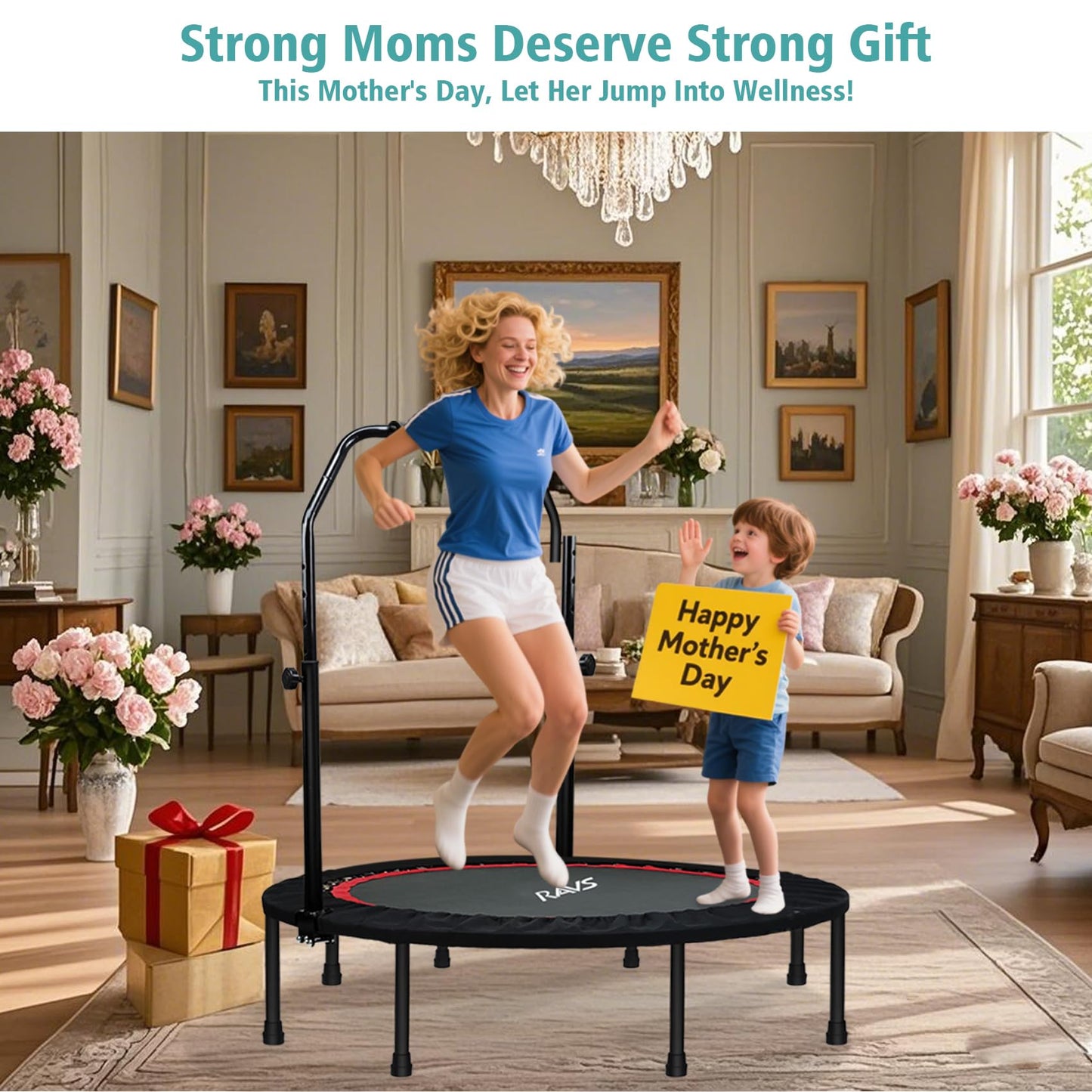 RAVS Mini Trampoline for Kids Adults 40"/48" Foldable Fitness Rebounder Kids Trampoline with 5 Levels Height Adjustable Handle Resistance Bands Indoor Workout