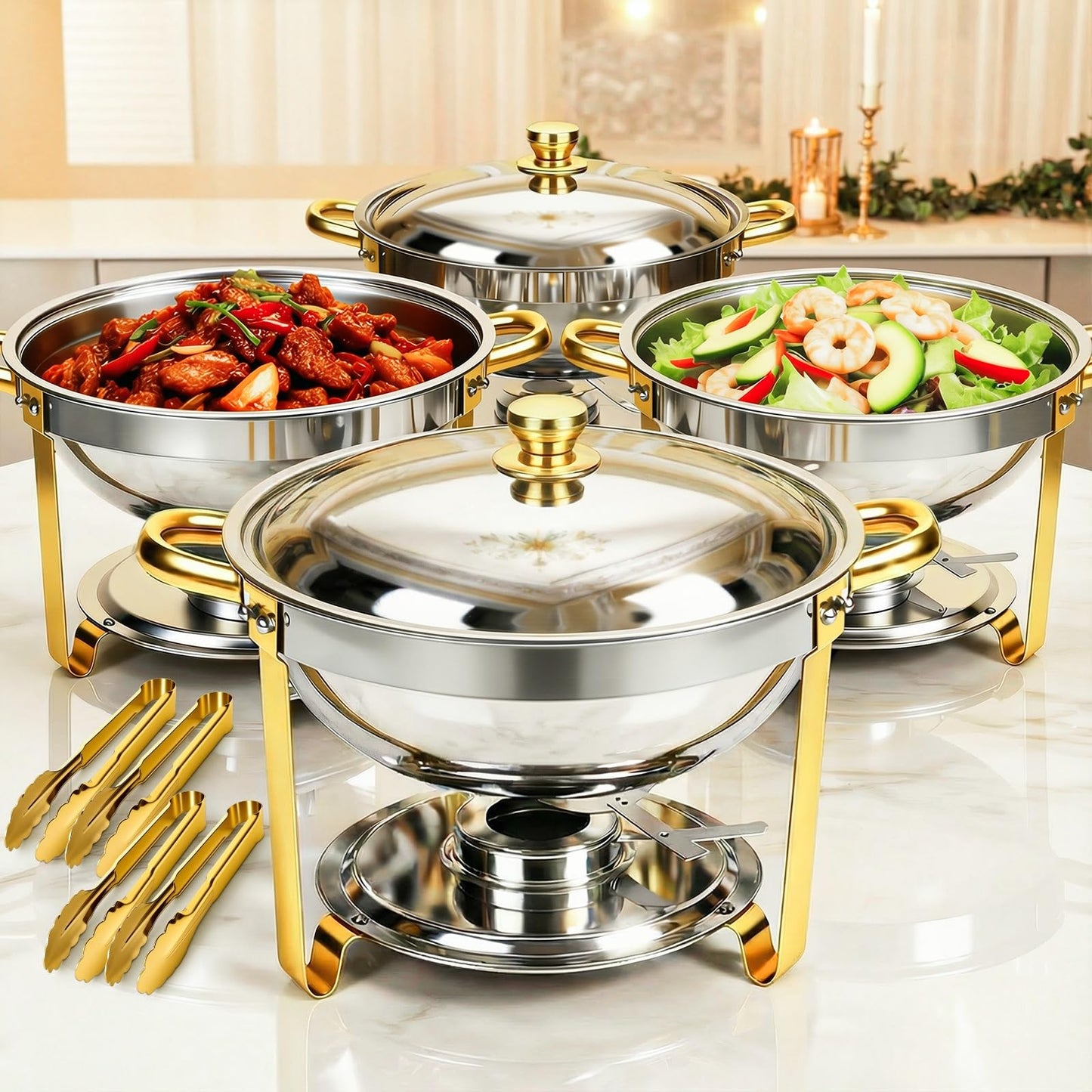 ALSO GO Round Chafing Dishes for Buffet with 4 Serving Tongs, 4 Pack 6QT Chafing Dishes Buffet Set, Golden Stainless Steel Catering Food Warmer for for Party, Gathering,Wedding