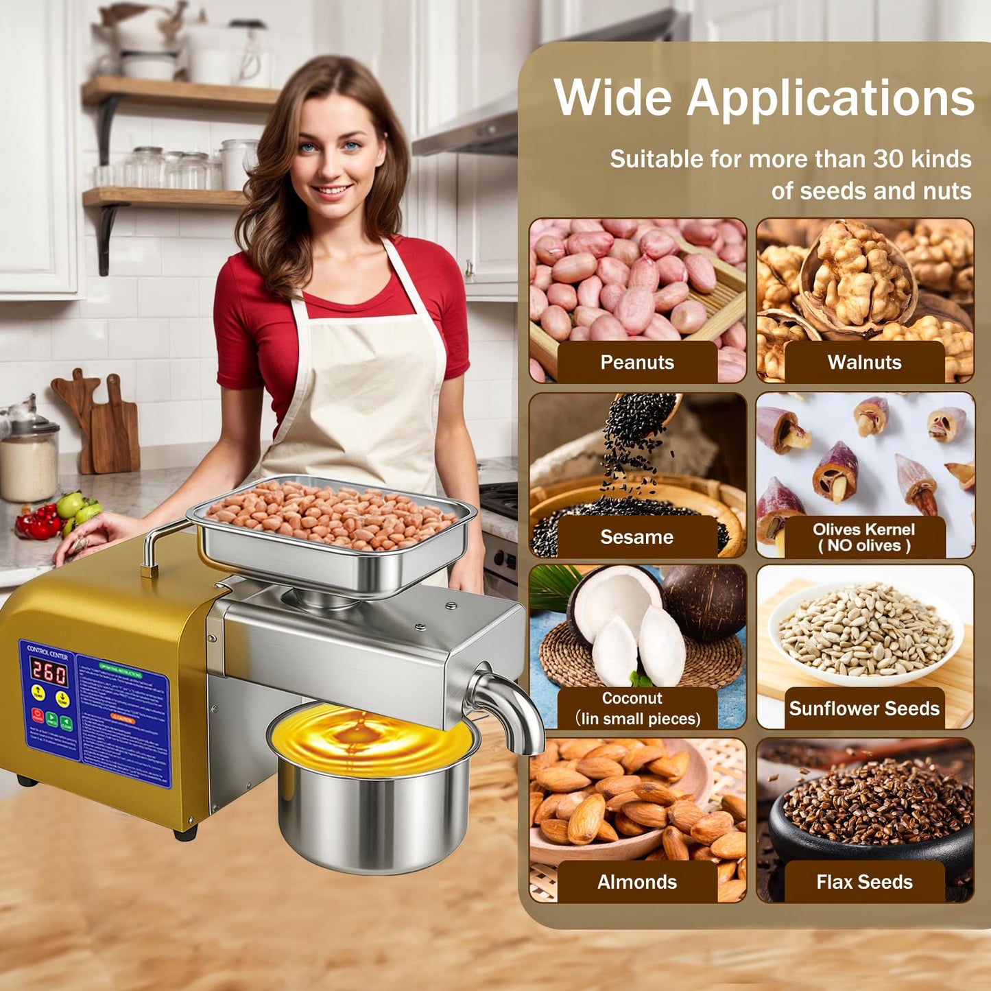 Rkazes Oil Press Machine, 1800W Automatic Electric Oil Maker for Home & Commercial, Stainless Steel Oil Extractor for Cold & Hot Press for Seed, Nut, Peanut, Olive Kernel, Sesame, Sunflower, Walnut