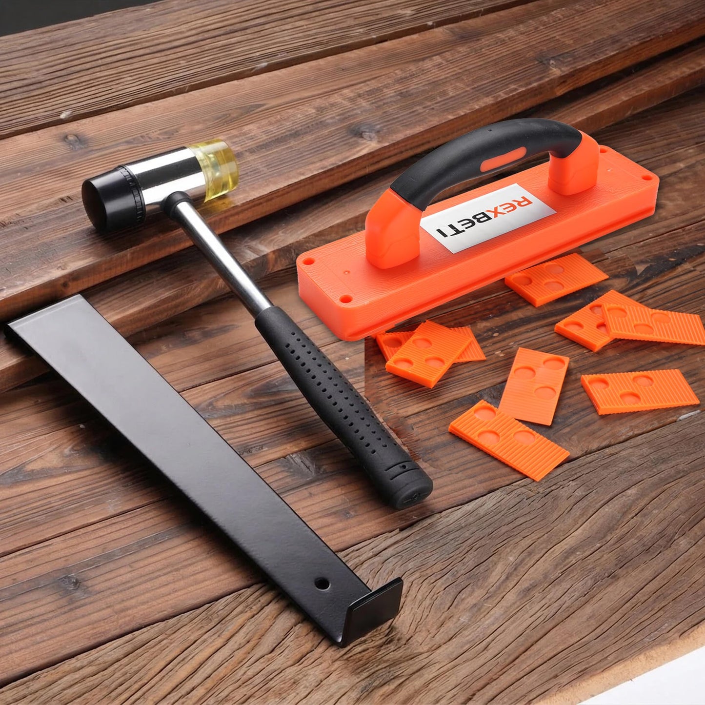 REXBETI Laminate Wood Flooring Installation Kit, LVP Installation Kit, Vinyl Flooring Tools - Tapping Block with Handle, Pull Bar, Double-Faced Mallet and Spacers