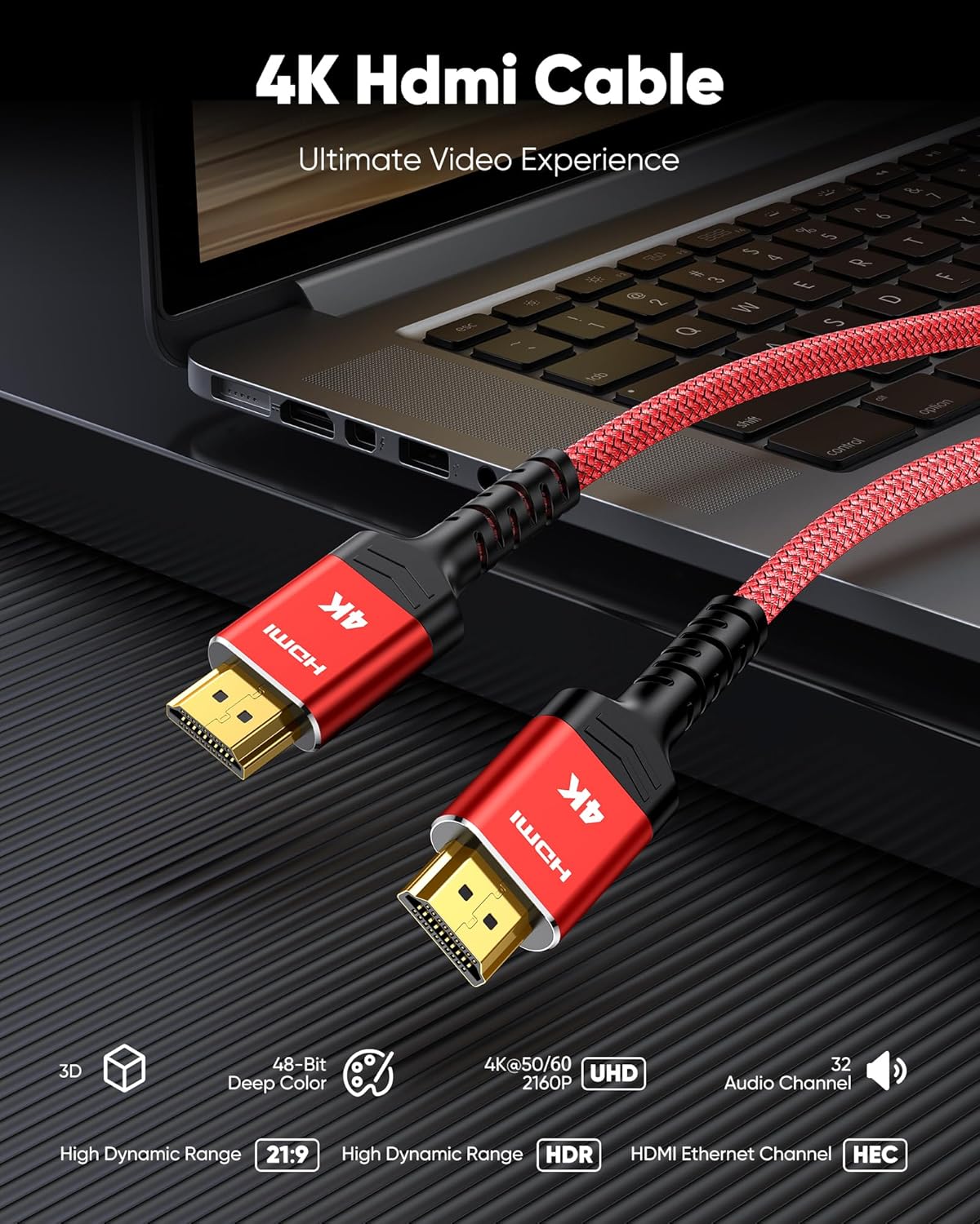 4K 2.0 6.6FT/2m 4K@60Hz 18Gbps 3D, 2.2, PS-5/4/3/4K Highwings HDMI Cable - HDR Braided HDMI Cord, High Speed