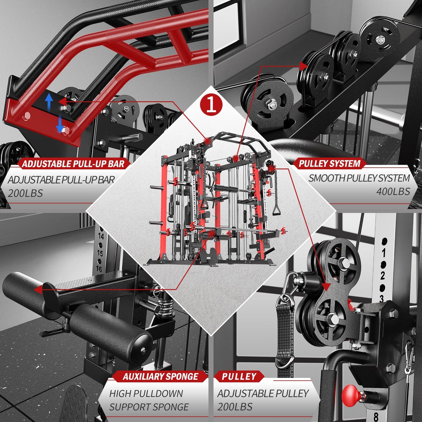 Smith Machine with Cable Crossover System, Multi-Function Squat Rack Power Cage for Home Gym, Power Rack and Packages Weight Sets (Red, L07-Smith Machine+Bench+(Pole+Cast lron) 341LBS)