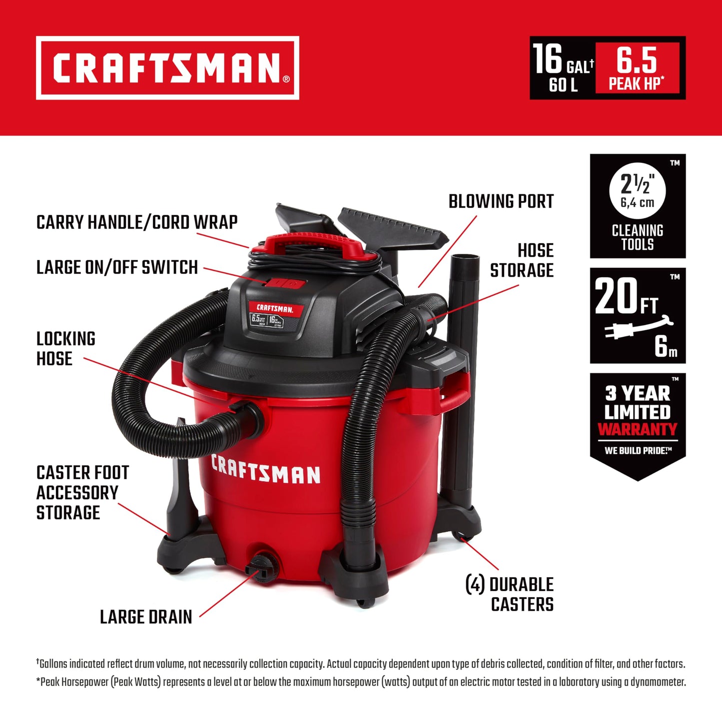 CRAFTSMAN CMXEVBE17595 16 Gallon 6.5 Peak HP Heavy Duty Wet Dry Shop Vacuum with Filter, Dust Bag, Hose, Attachments and CMXEVBE17678 1.75 Peak HP Wet Dry Vacuum Powerhead with Filter Bag and Hose