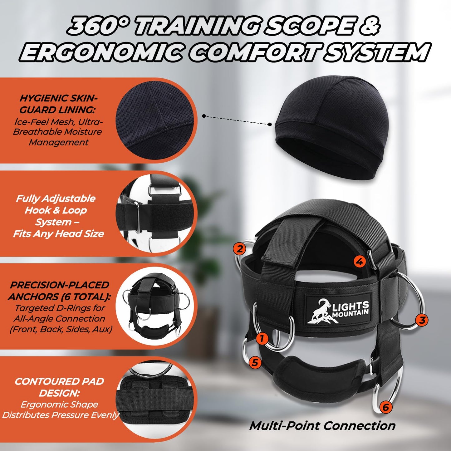 Lights Mountain Adjustable Neck Harness for Weight Training with 6 D-Rings, Includes Skull Cap, Resistance Band & Loading Strap - Adjustable Head Harness for Neck Strengthening & Resistance Workout