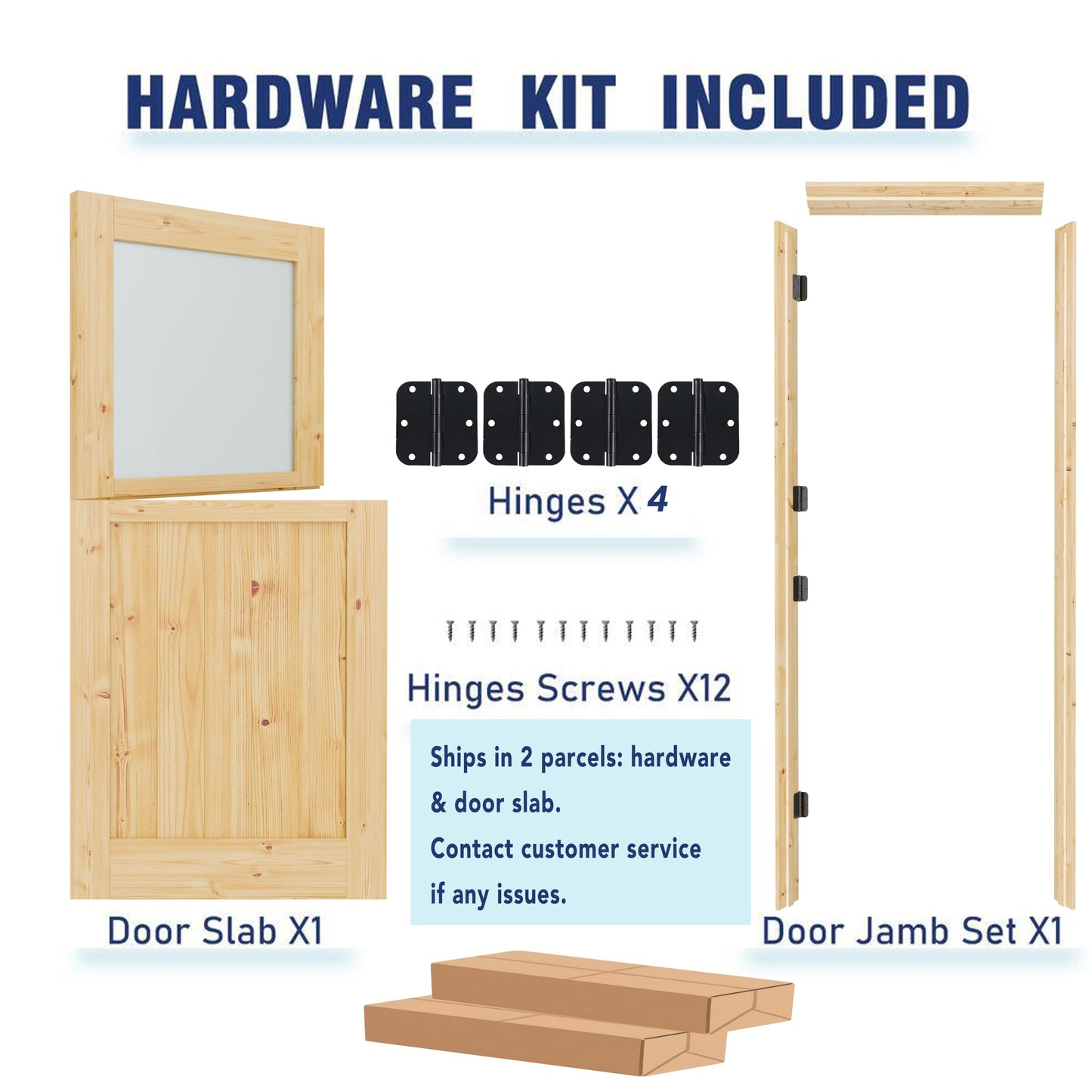 Lakenyon Exterior Prehung Dutch Door, 32" x 80" Left-Handed Front Door, 1 Lite Tempered Frosted Glass Split Single Doors, Solid Core Home Door, Natural Pine Wood - with 4 Black Hinges with Jamb