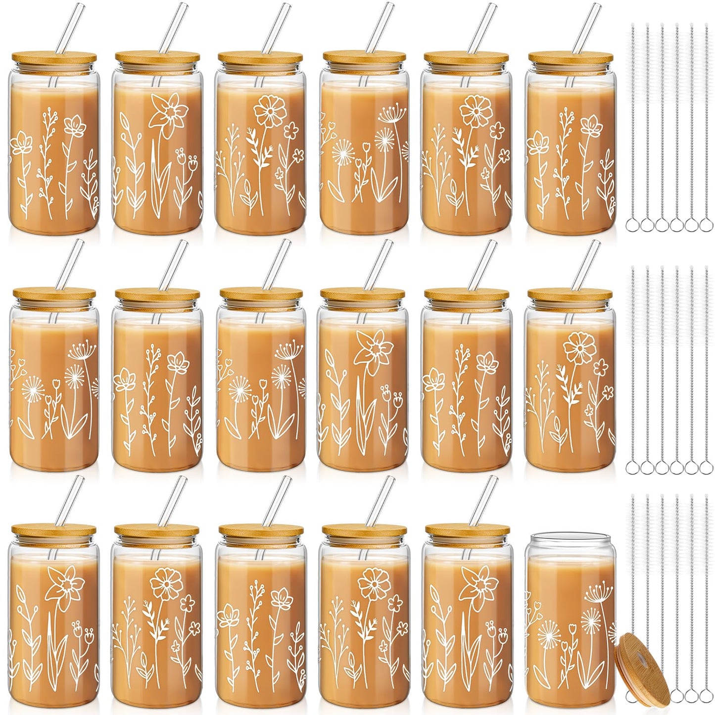 Mumufy 18 Pack Glass Cups Gift Aesthetic Cute Glass Cup Tumbler Flower Iced Coffee Mugs 16 oz with Bamboo Lid & Straw, for Wedding Birthday Bridesmaid Mom Baby Shower