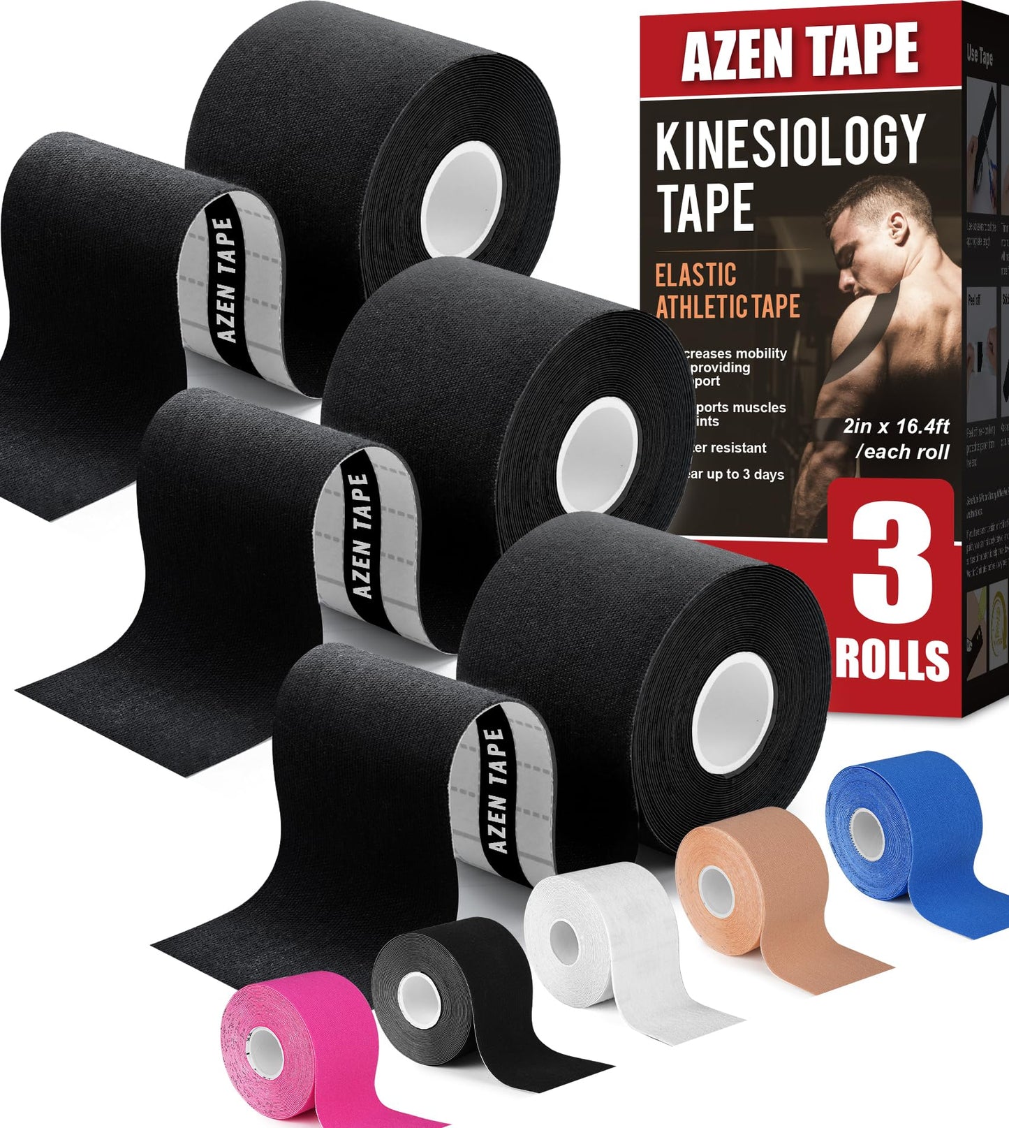 AZEN 3 Rolls Kinesiology Tape, 16.4 ft Waterproof Kinetic Tape for Joints Support and Muscle Pain Relief, Uncut Muscle Tape, Knee Tape, Athletic Tape - Black