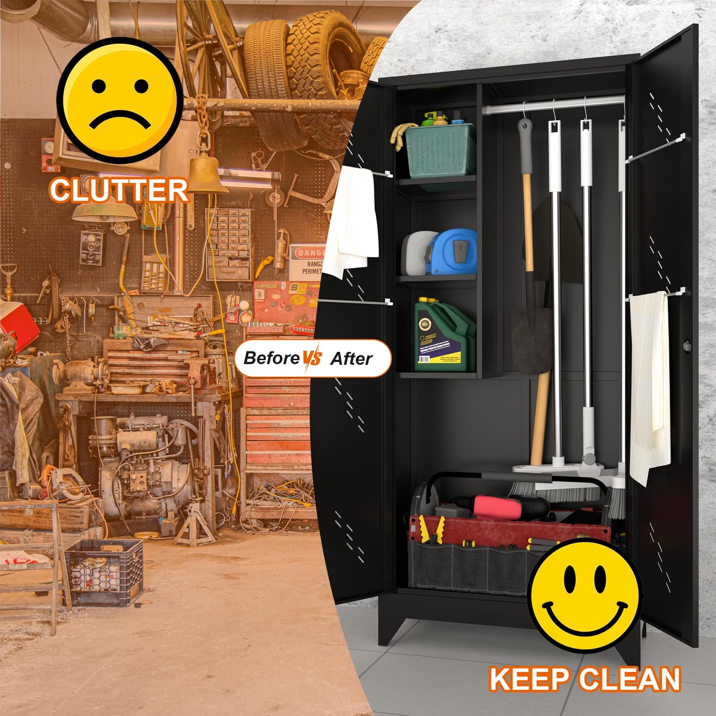 CBNTKI 75" Metal Garage Storage Cabinet, Cleaning Tool Storage Cabinet, Utility Garage Storage Broom Closet with Doors, Hanging Rod (Black, Door-2)