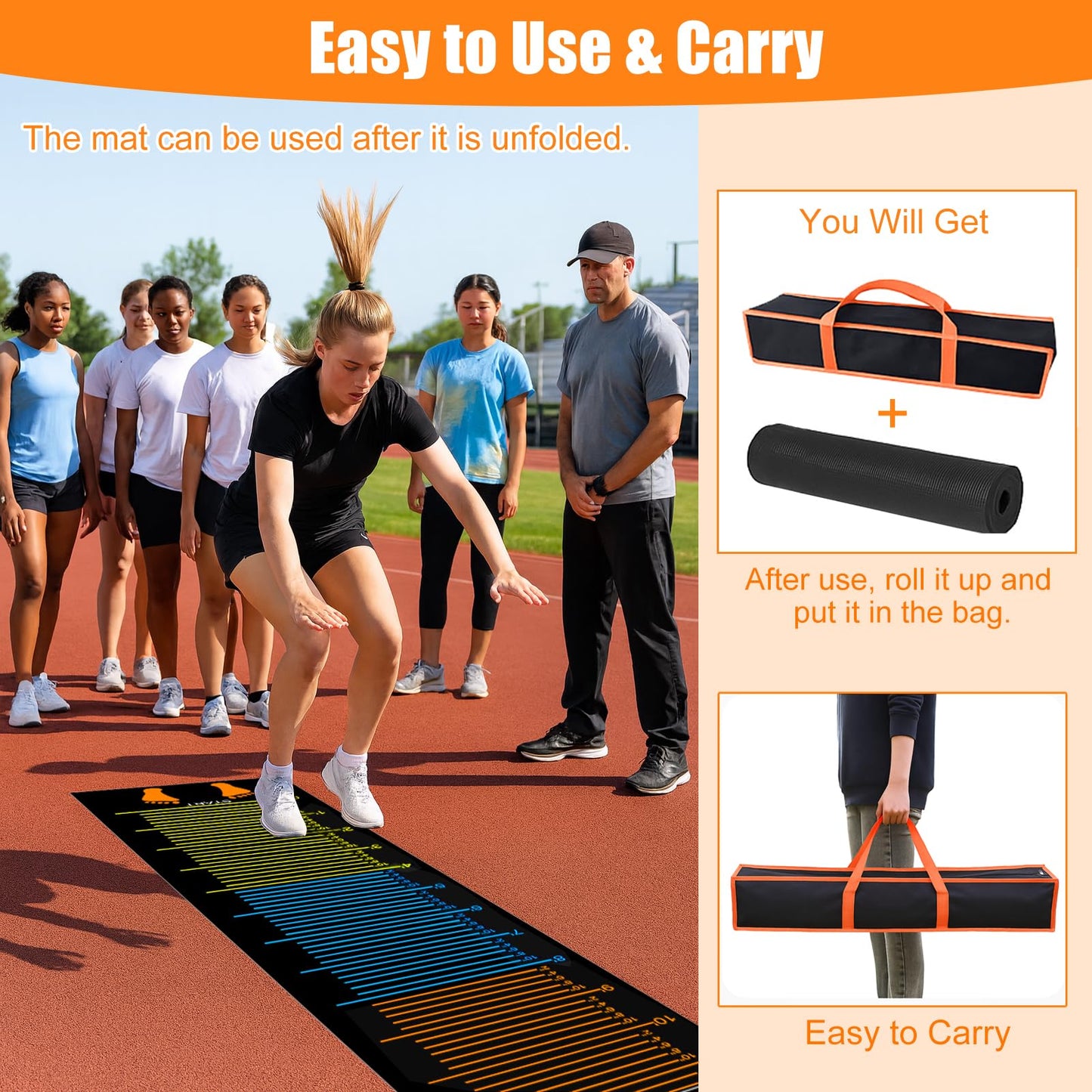 Standing Long Jump Mat, Non Slip Broad Jump Measurement Mat with Storage Bag, Sports Training Mats for Gym, School Athletics & Home Workout