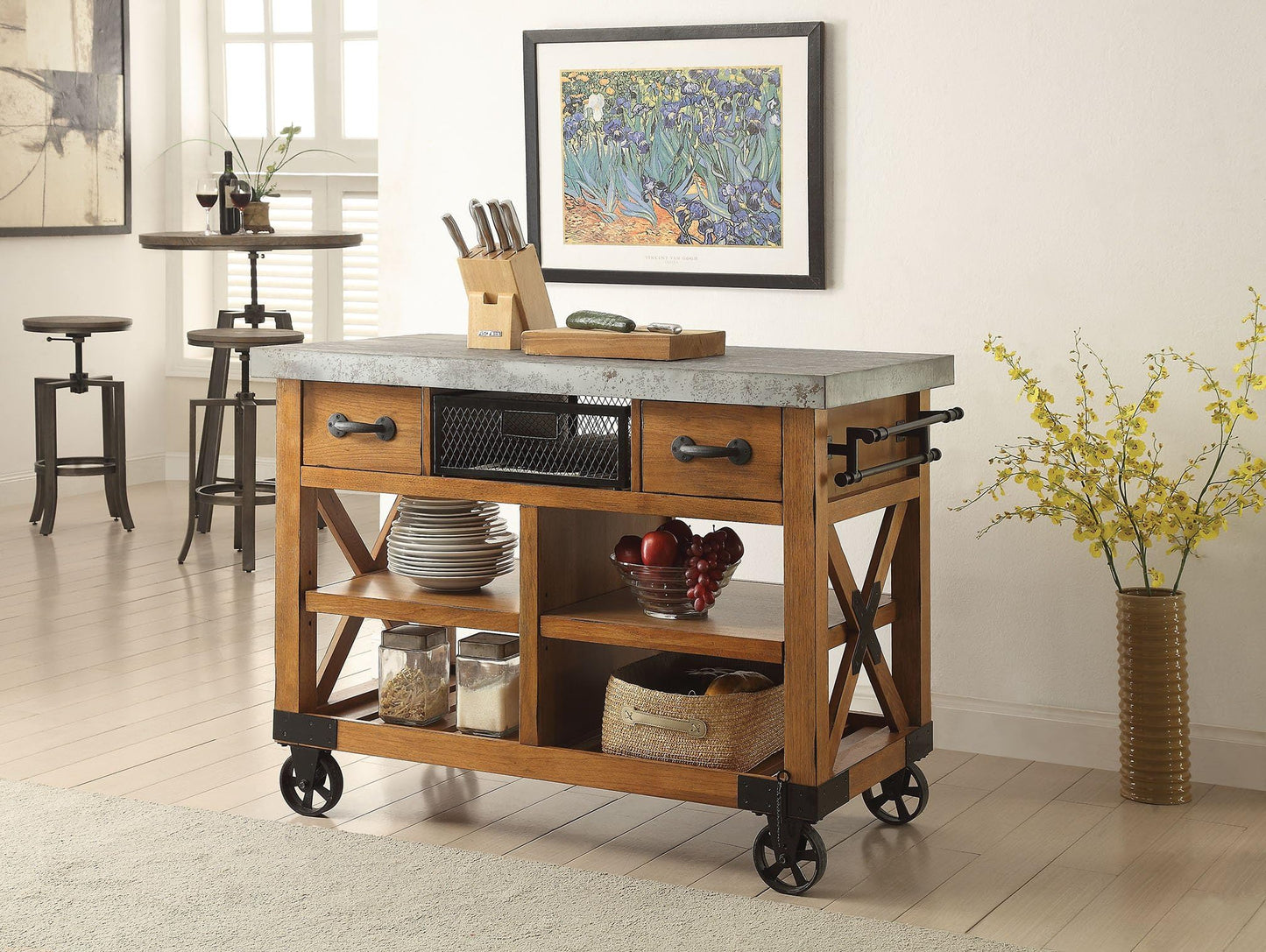 Bowery Hill Kitchen Cart, 48"W x 26"D x 36"H, Catalpa Wood and Metal, Antique Oak Finish, 2 Drawers, Adjustable Shelves, Slatted Shelf, Towel Rack, Caster Wheels, Functional Mobile Storage for Kitchen