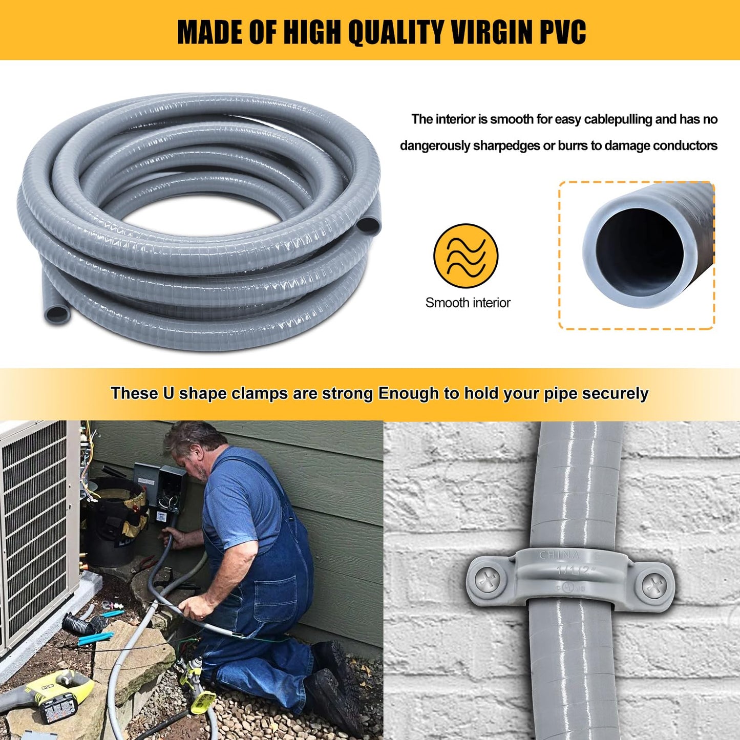 Wocloer 1-1/2 inch 50 Foot Liquid-Tight Conduit Kit, Flexible Non Metallic Electrical Conduit and Connector Kit, With 5 Straight and 4 Angle Fittings and Pipe Strap.