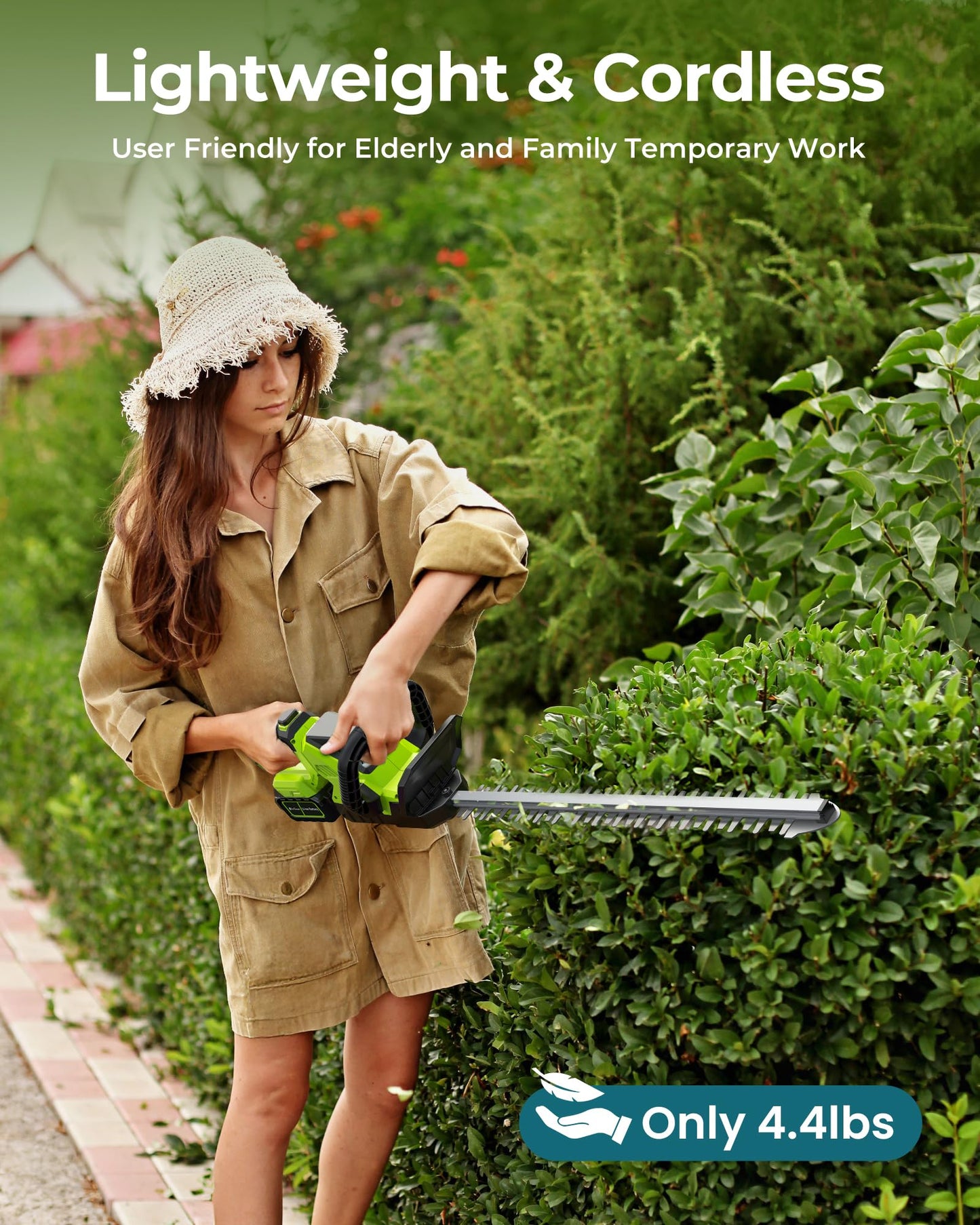 20'' Hedge Trimmers Cordless with 2pcs 4000mAh Battery, Brushless Electric Bush Clipper with Rechargeable Batteries, 3000RPM 180° Rotatable Head, 2/3'' Blade Gap Green,Gifts for Father’s Day