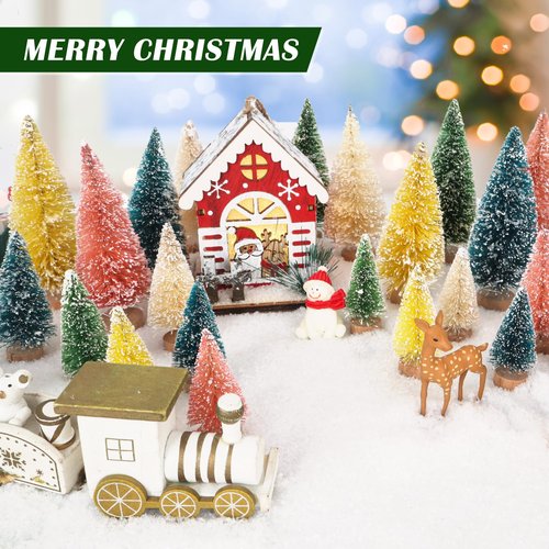 Christmas Decorations Mini Christmas Tree 35pcs,Mini Miniature Christmas Pine Tree Bottle Brush Trees Wooden Bases Tree for Your Village Desktop Xmas Holiday Party (Pink+Yellow+Blue+Green+Beige)