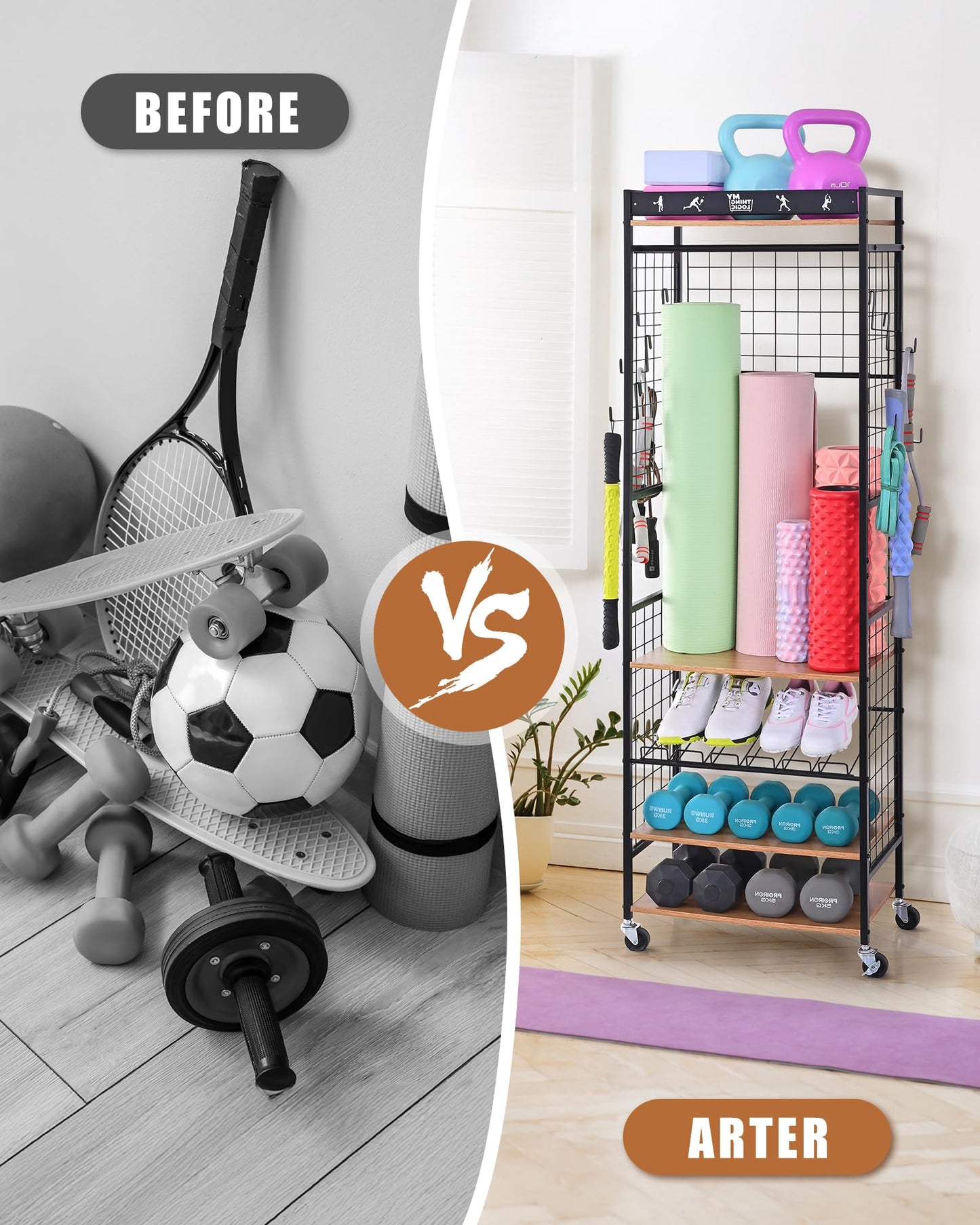 Mythinglogic Yoga Mat Storage Rack, Workout Equipment Organizer for Home Gym, Weight Rack for Dumbbells Kettlebells and Strength Training Equipment