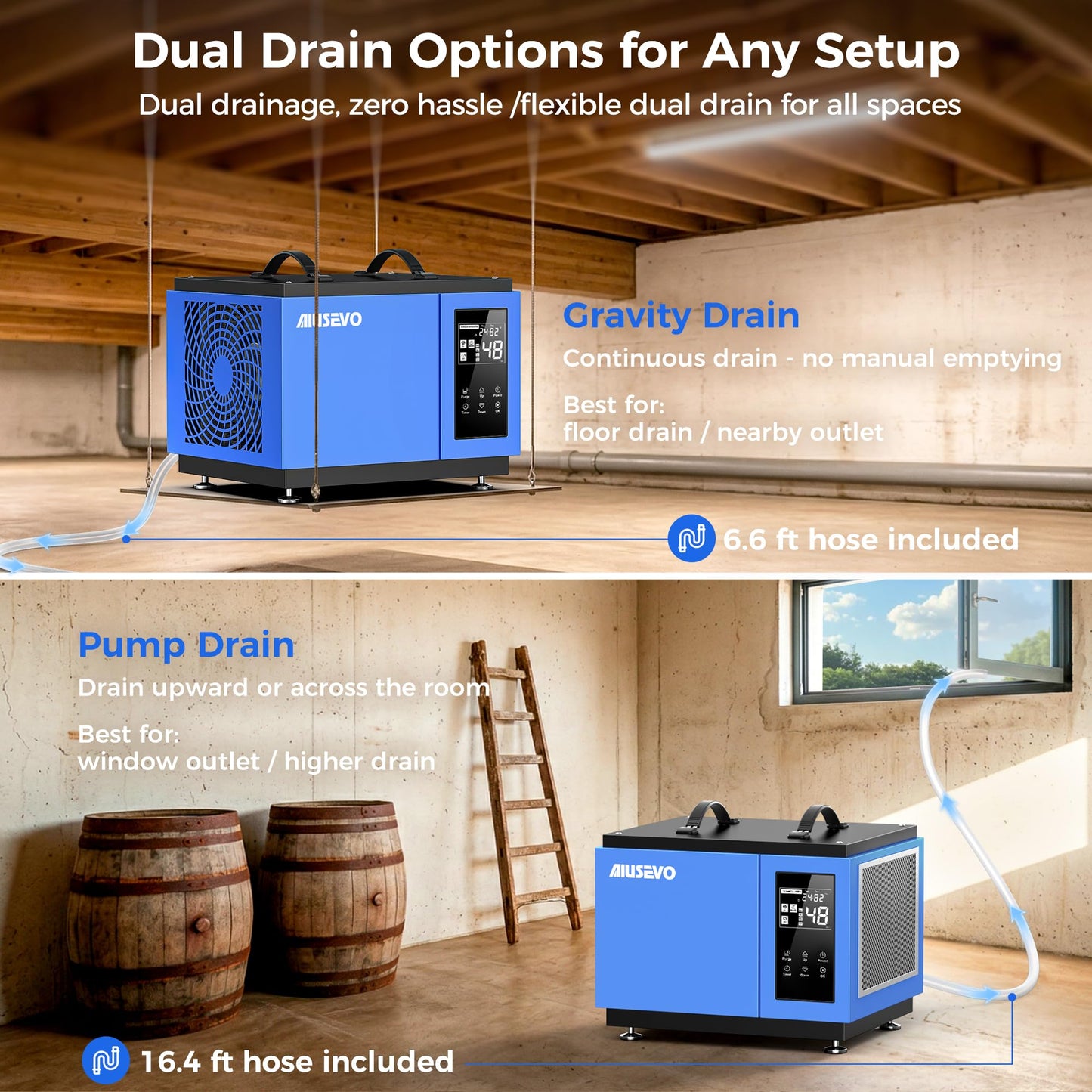 75 Pints Crawl Space Dehumidifier with Pump and Drain Hose, Commercial Dehumidifier for Basement up to 5,200 Sq. Ft for Water Damage, Attic, Garage, Industrial, Auto Defrost, Humidity Control