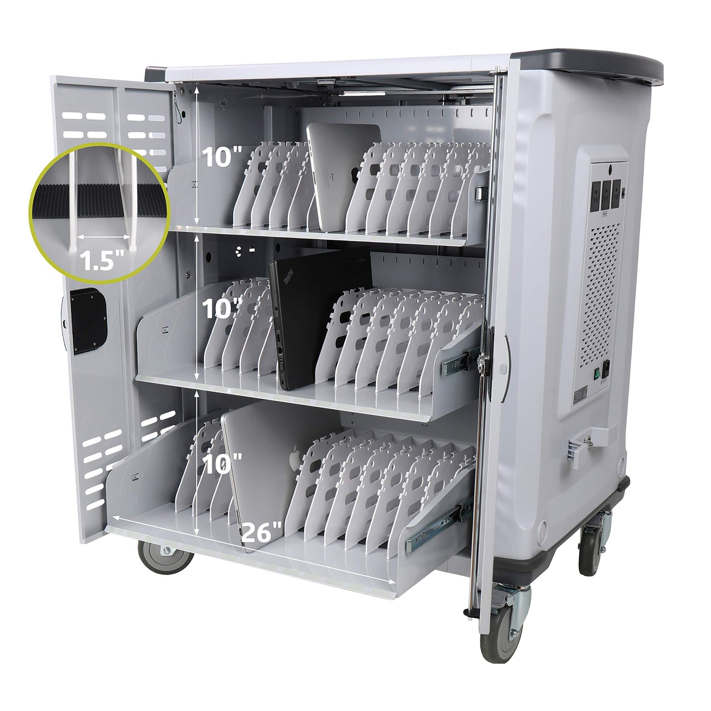 Pearington - MN142VS Premium Fully Assembled Heavy-Duty Smart Charge 42 Device Mobile Storage Cart w/3 External Outlets, 4 Point High Security, Up to 15.6" Screen Size, 3 Pull-Out Shelves