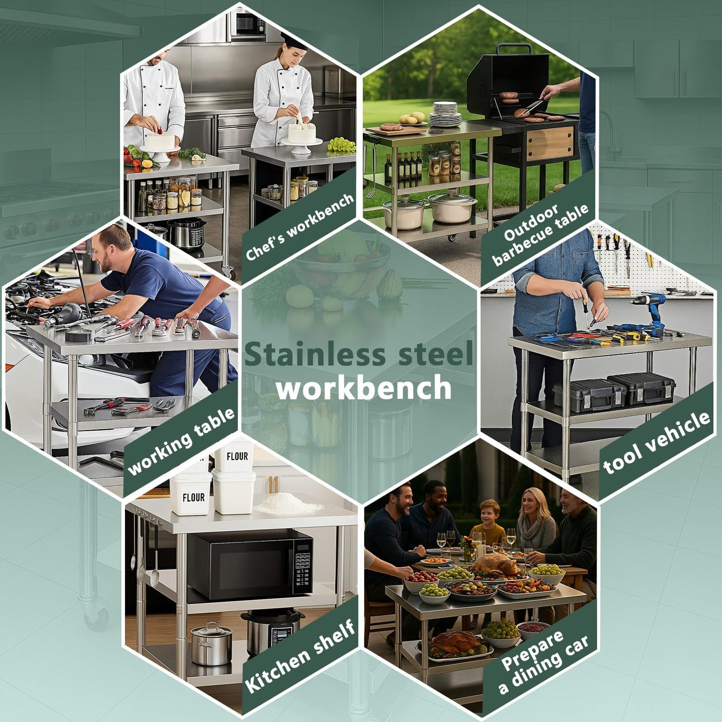 Stainless Steel Table with Wheels for Food Preparation and Work Extra-Large, Multi-Size Optional, Three-Layer Variable Two-Layer Metal Commercial Workbench Restaurant, Kitchen (60" Lx24 Wx34 H)